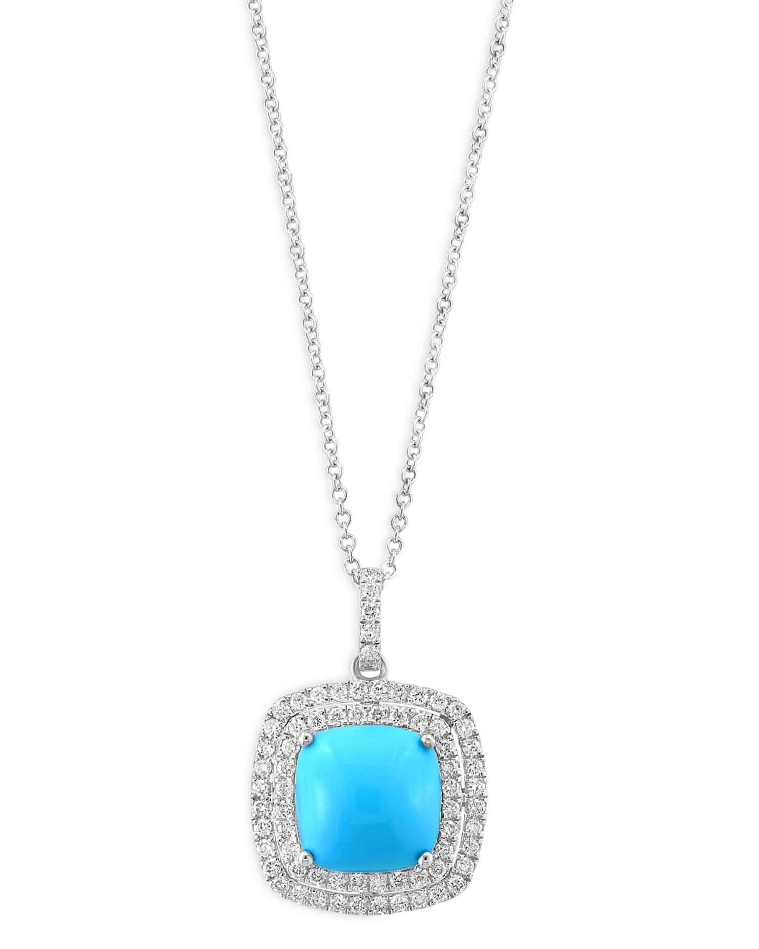 Turquoise & Diamond Halo Pendant Necklace in 14K White Gold, 16-18'