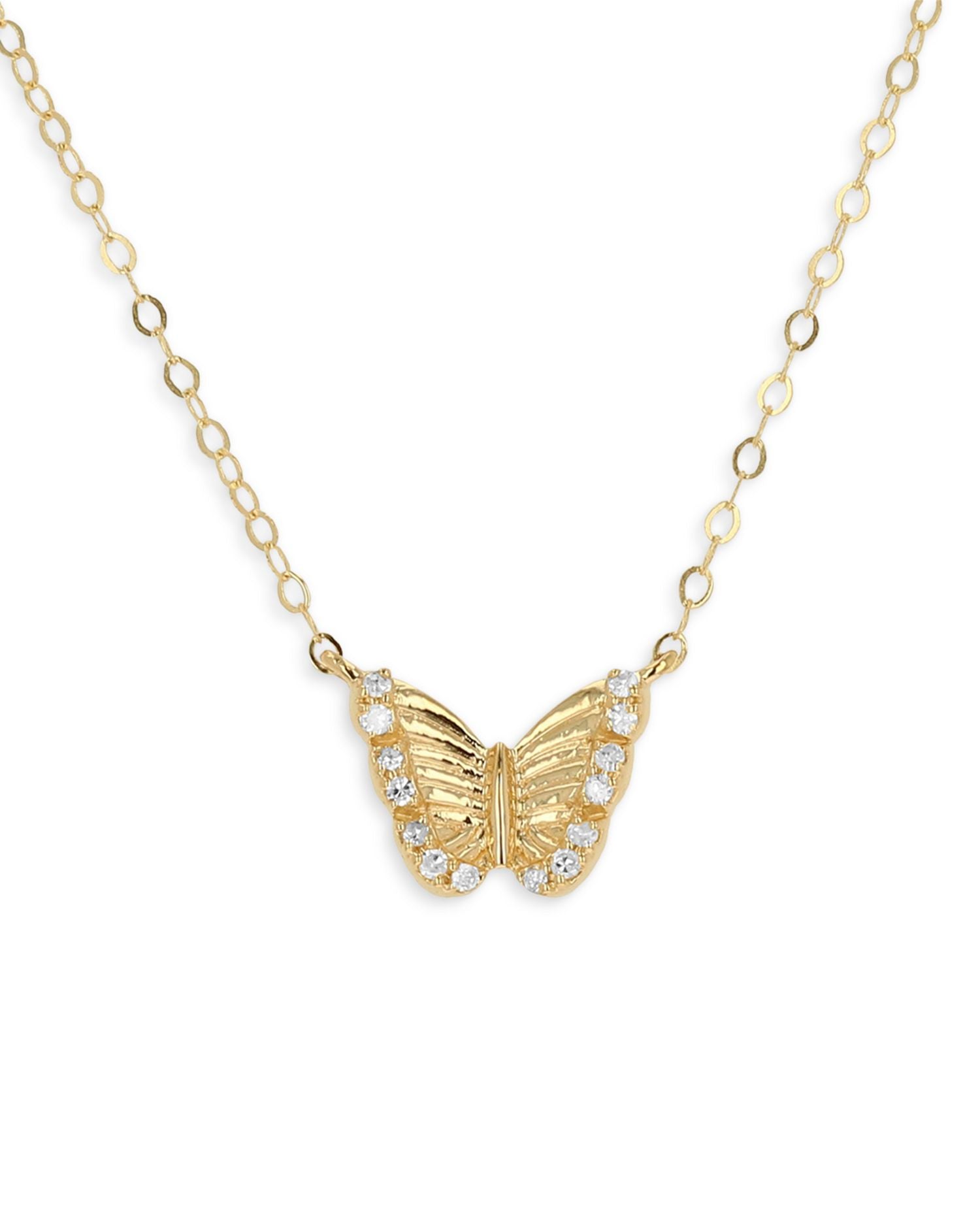14K Yellow Gold Diamond Butterfly Pendant Necklace, 18'