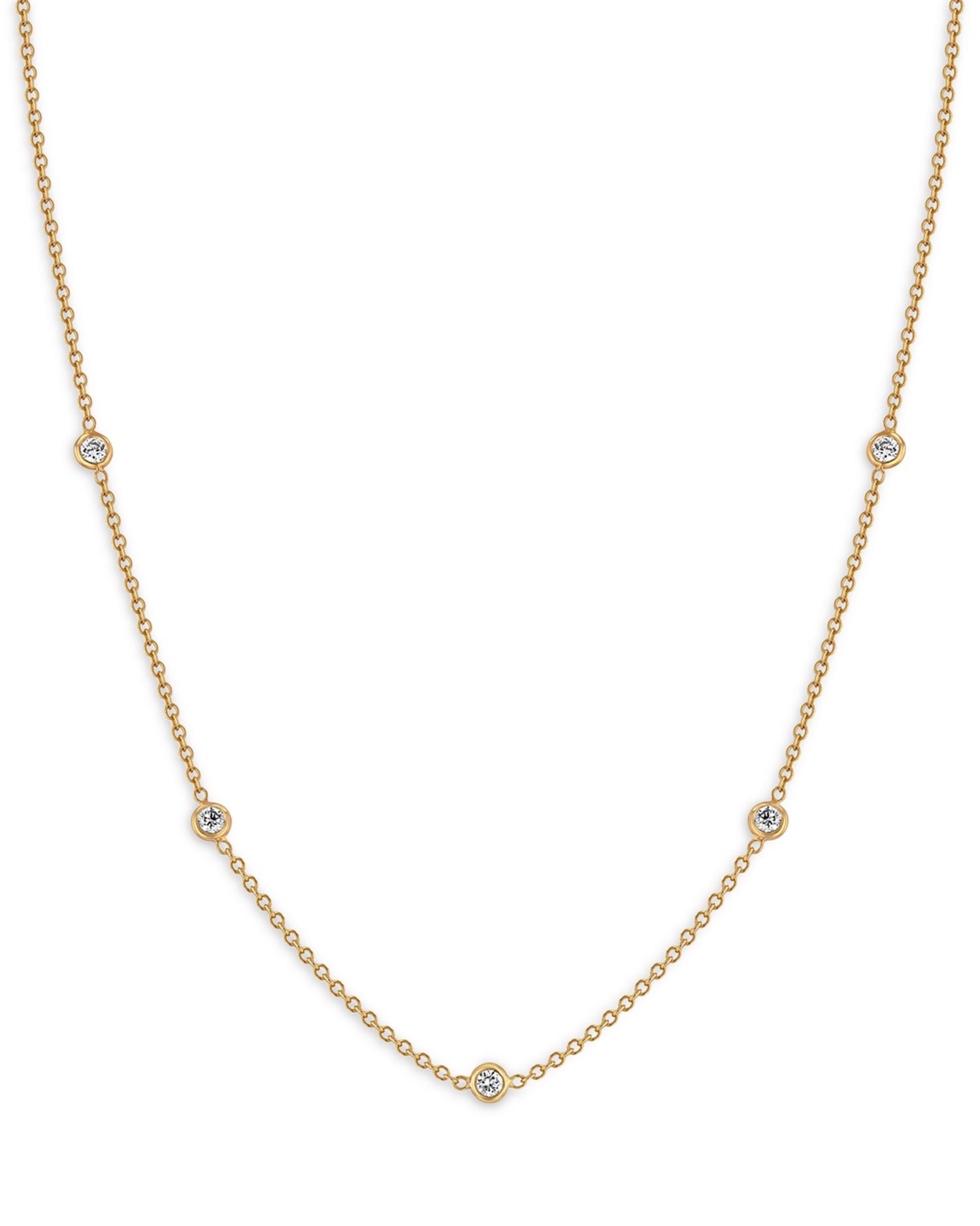 14K Yellow Gold Floating Diamonds Diamond Bezel Choker Necklace, 14-16"