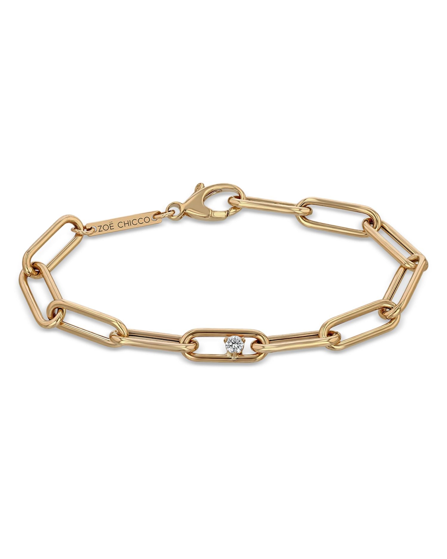 14K Yellow Gold Prong Diamonds Diamond Paperclip Link Bracelet