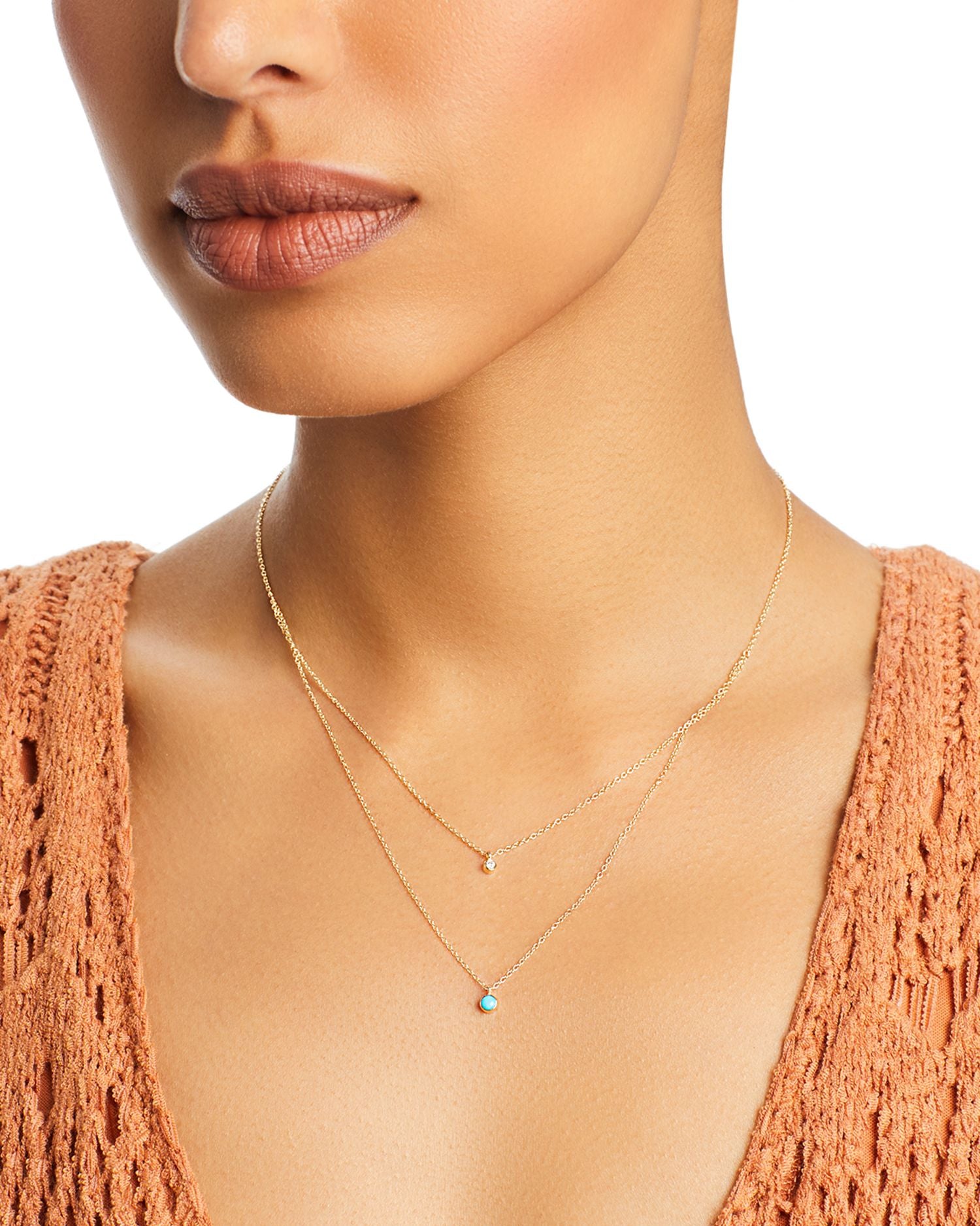 14K Gold Diamond & Turquoise Layered Pendant Necklace, 16'-18'