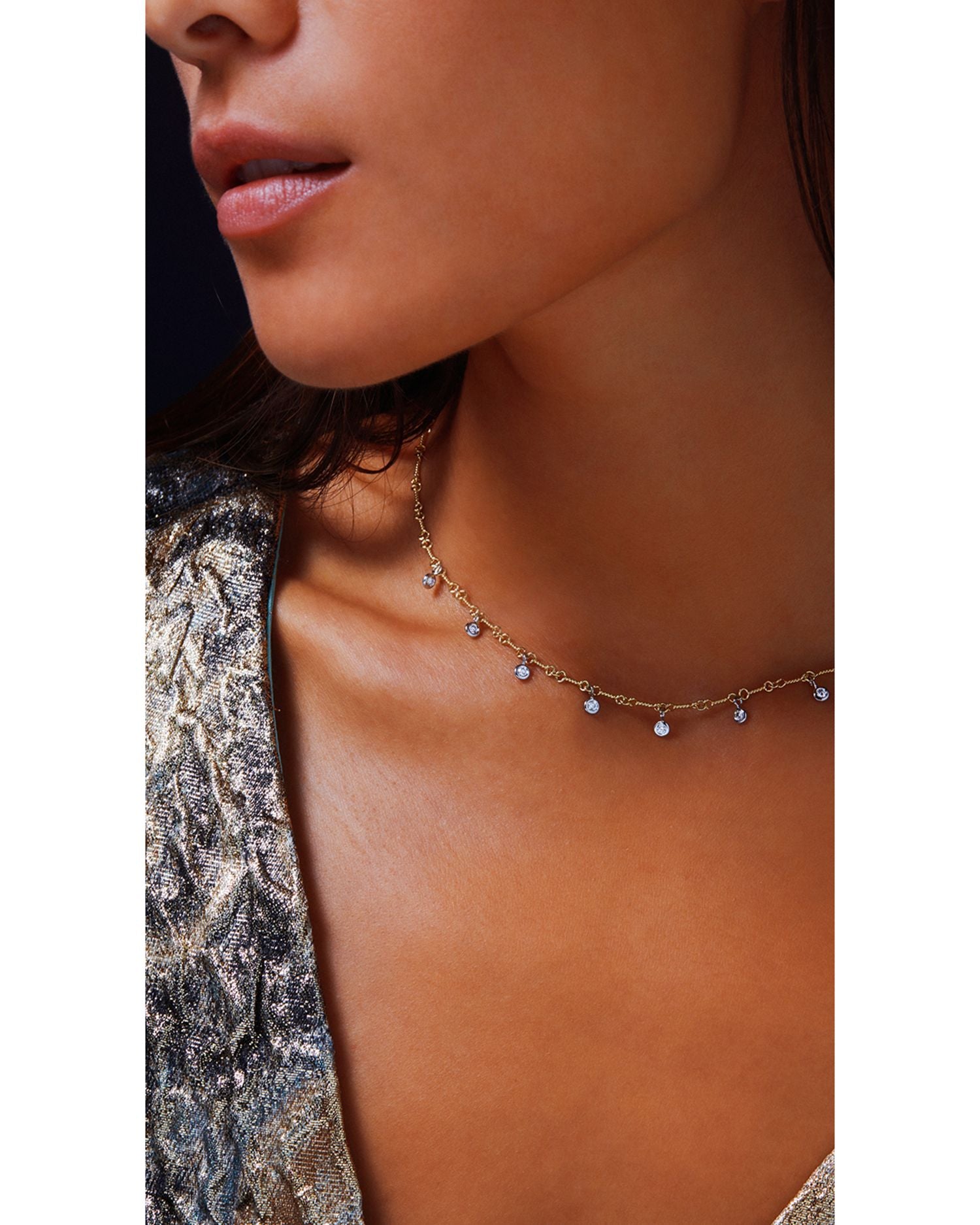 18K White & Yellow Gold Diamonds by the Inch Dogbone Link Collar Necklace, 16'