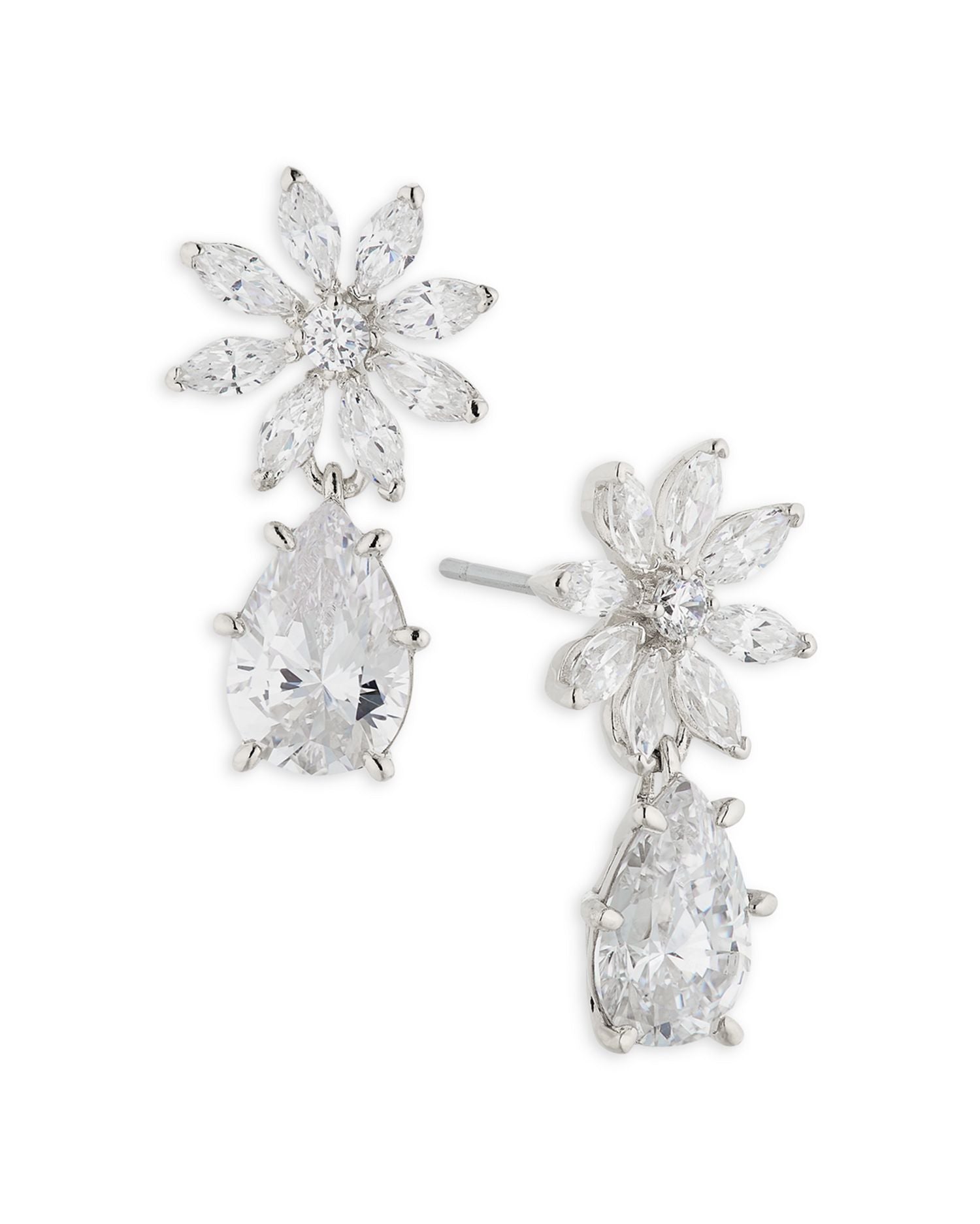 Wildflower Cubic Zirconia Flower Drop Earrings in Rhodium Plated