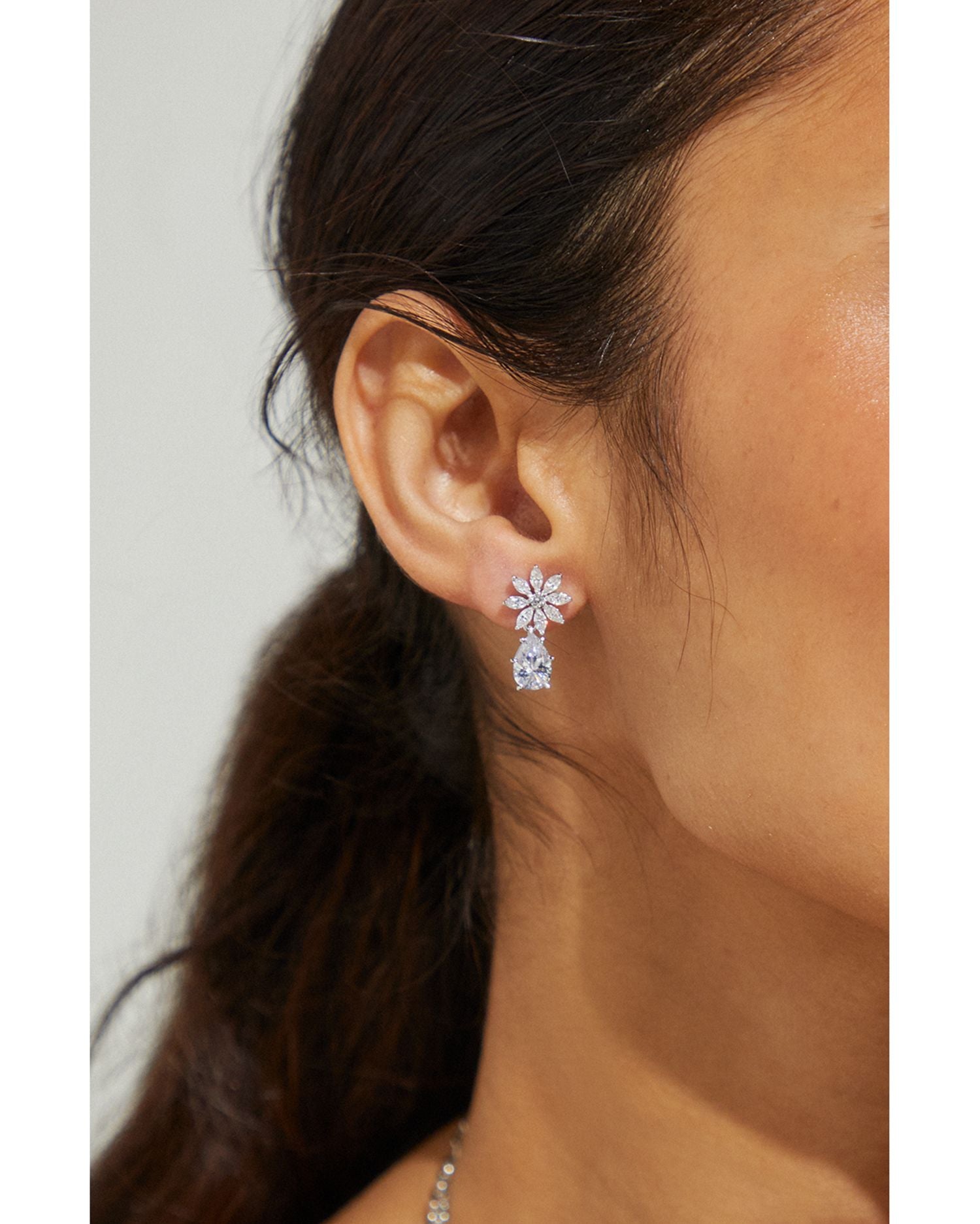 Wildflower Cubic Zirconia Flower Drop Earrings in Rhodium Plated