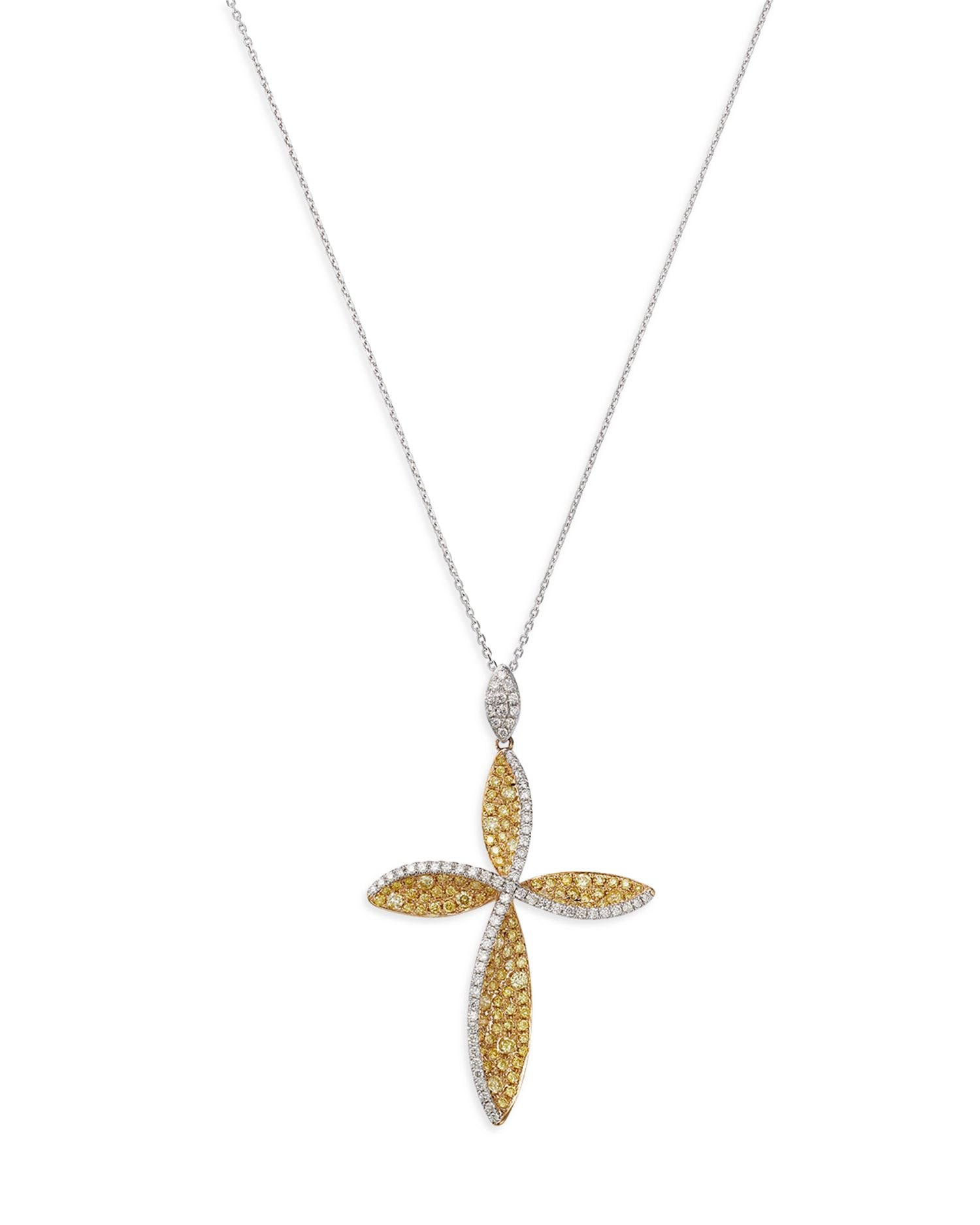 White & Yellow Diamond Cross Pendant Necklace in 14K Yellow & White Gold, 1.75 ct. t.w.