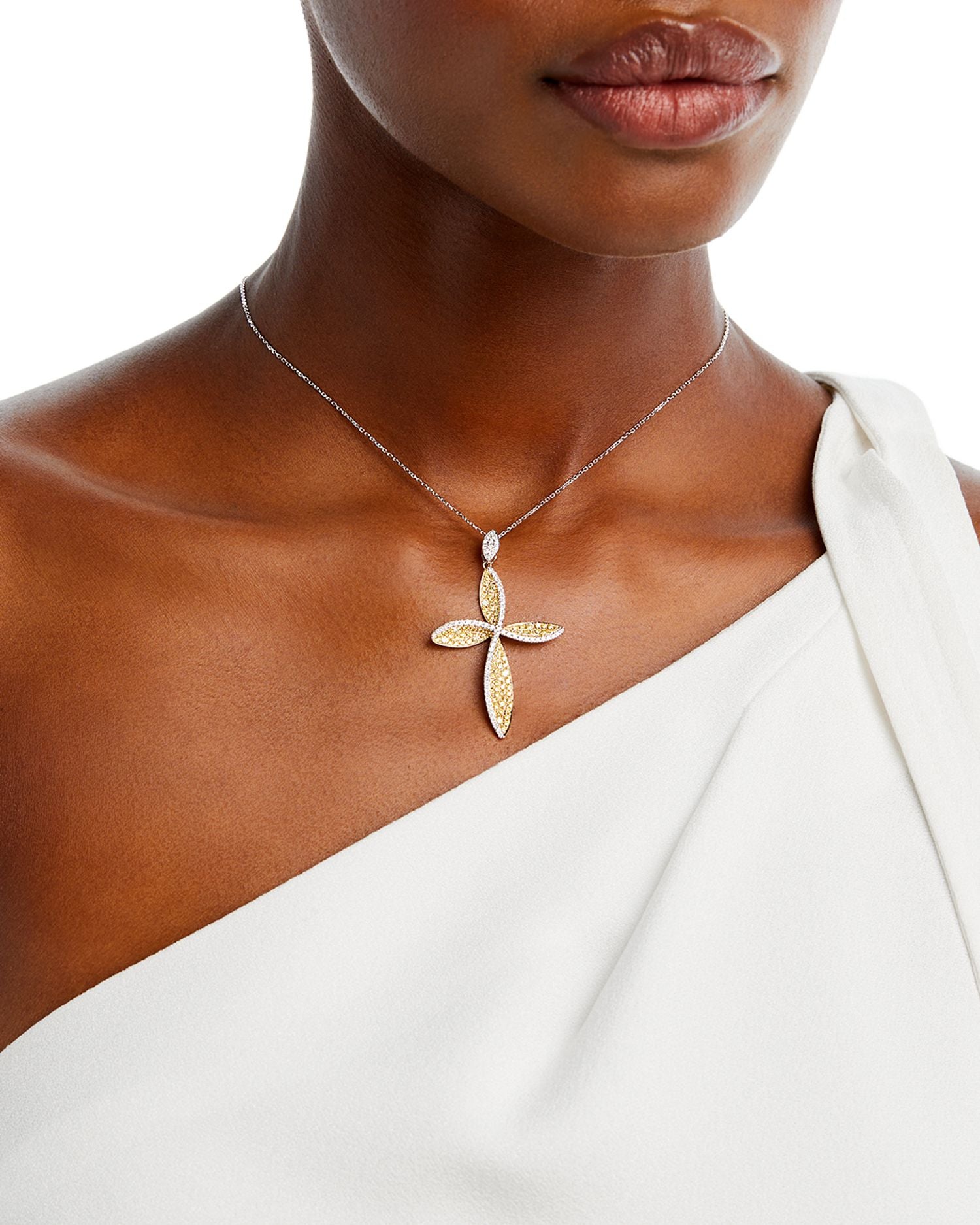 White & Yellow Diamond Cross Pendant Necklace in 14K Yellow & White Gold, 1.75 ct. t.w.