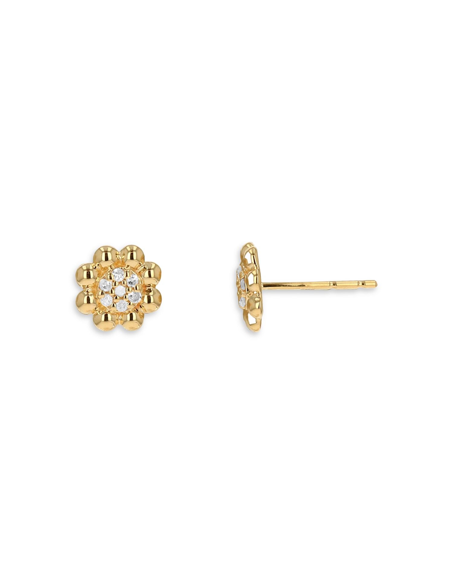 14K Yellow Gold Diamond Flower Stud Earrings