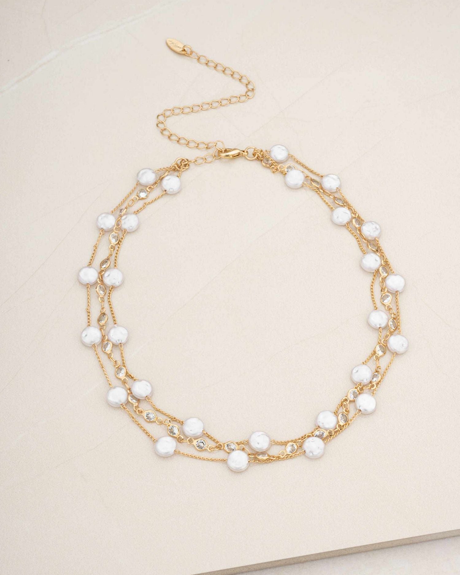Dressed In Pearls Cubic Zirconia & Imitation Pearl Layered Collar Necklace in 18K Gold Plated, 15'-20'
