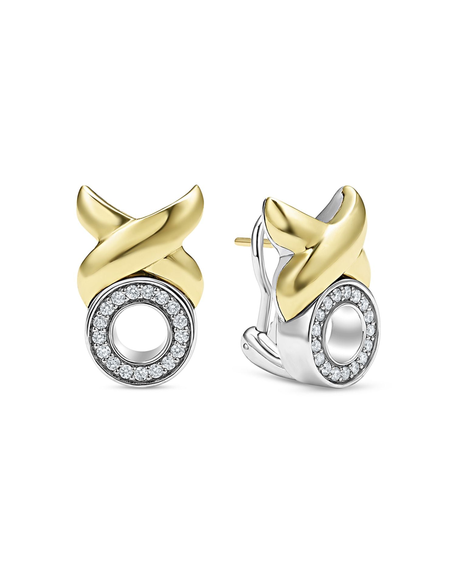 18K Yellow Gold & Sterling Silver Embrace Diamond XO Omega Earrings