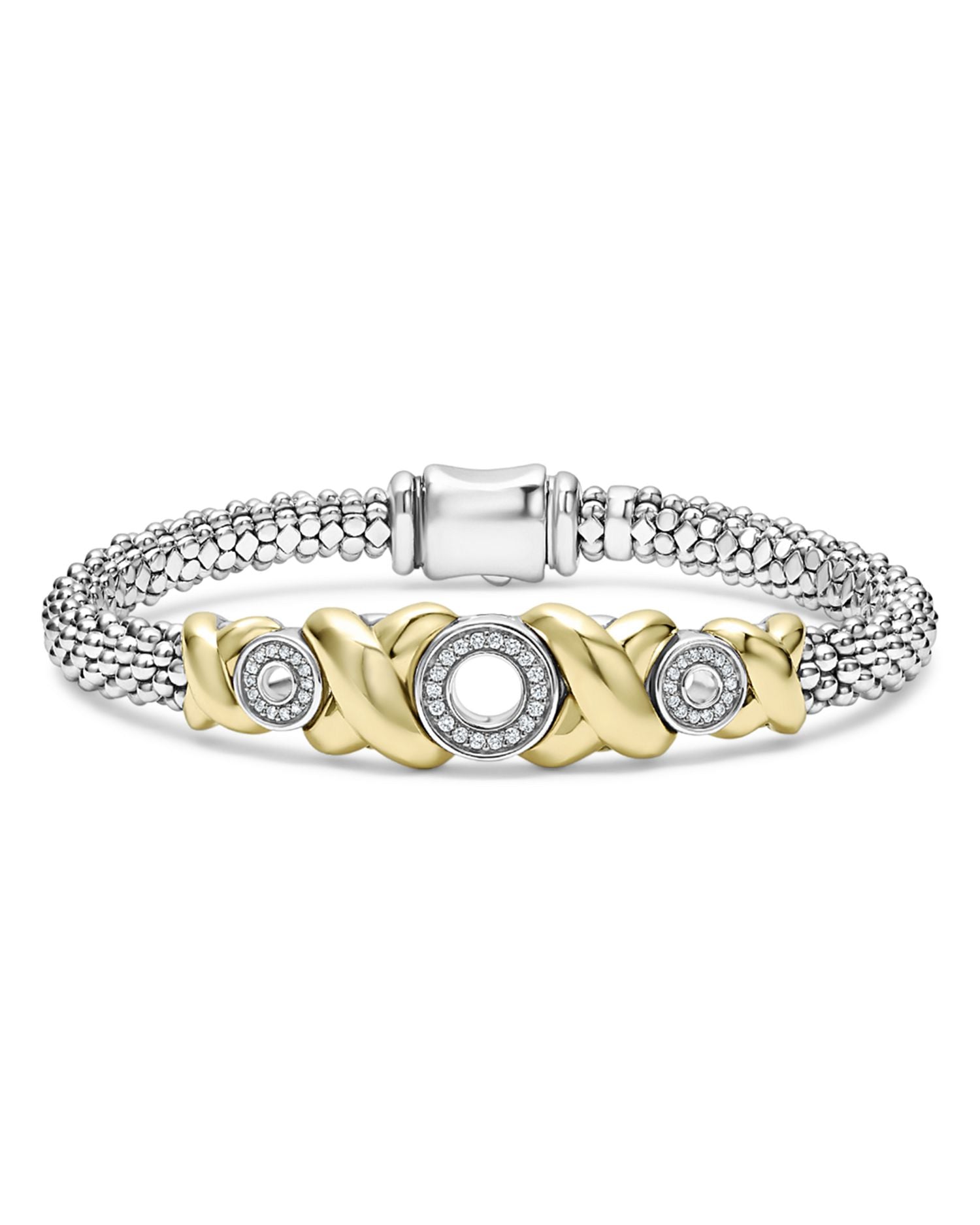 18K Yellow Gold & Sterling Silver Embrace Diamond XO Caviar Bead Link Bracelet