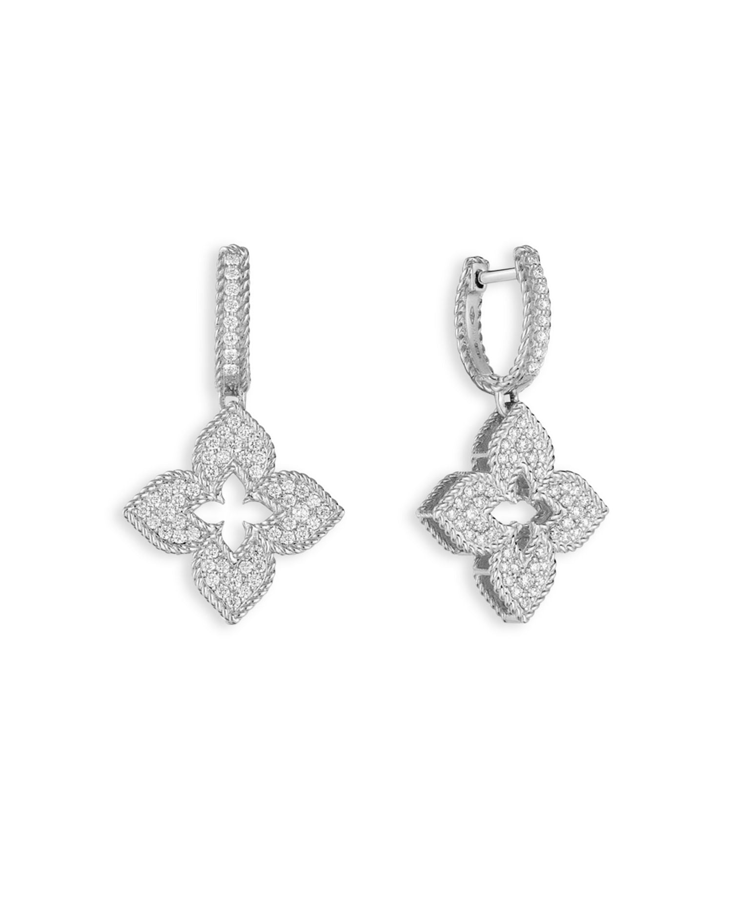 18K White Gold Venetian Princess Flower Dangle Hoop Earrings