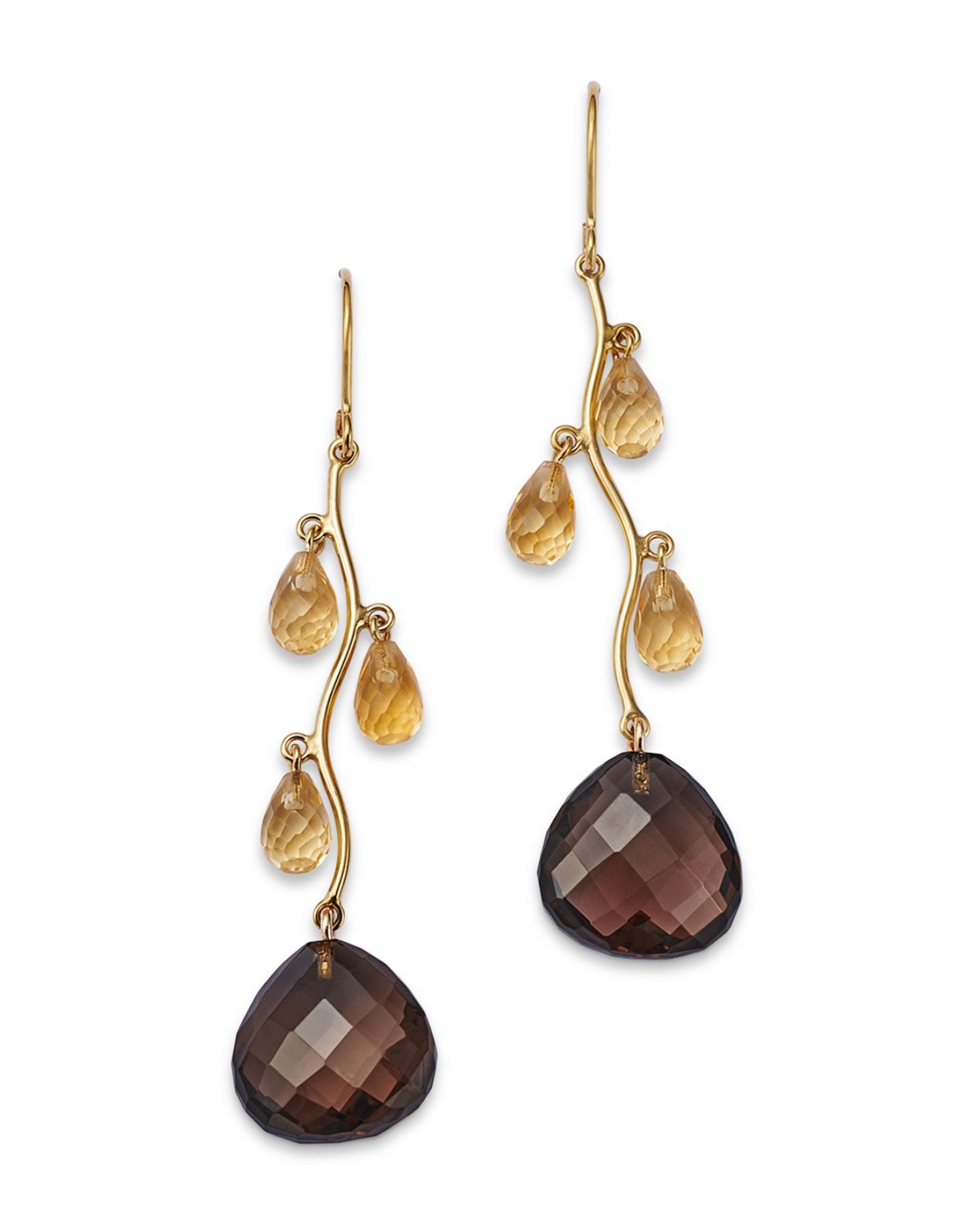 Citrine & Smokey Quartz  Vine Drop Earrings in 14K Yellow Gold