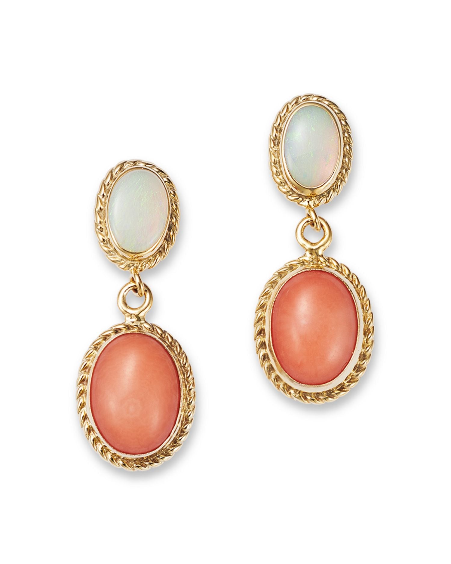 Opal & Coral Double Drop Earrings in 14K Yellow Gold