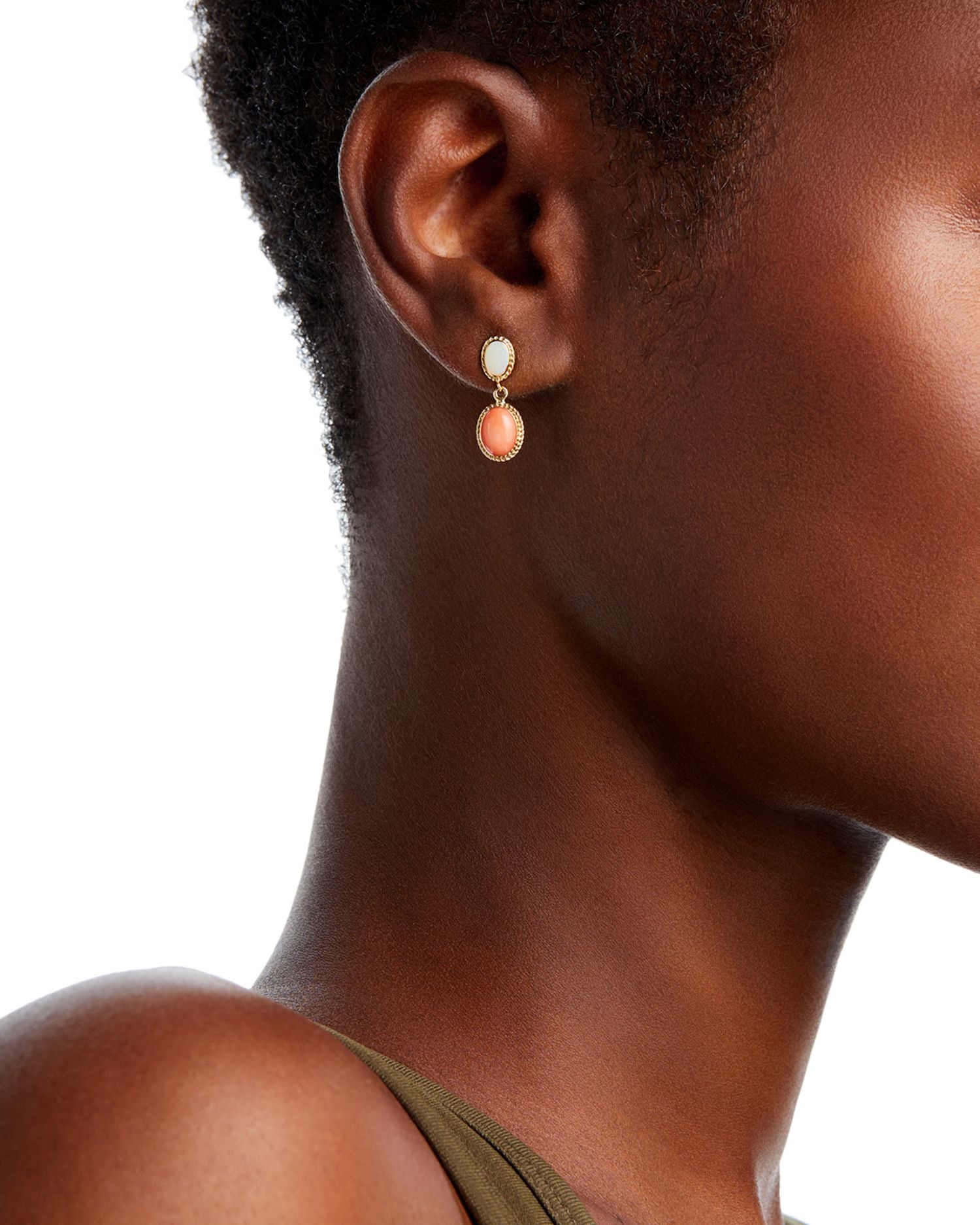 Opal & Coral Double Drop Earrings in 14K Yellow Gold