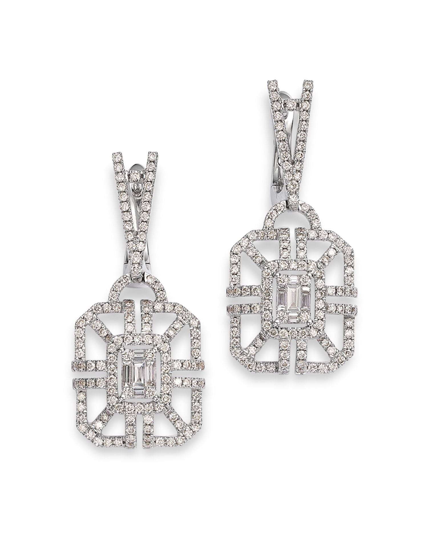 Diamond Baguette & Round Art Deco Drop Earrings in 14K White Gold, 1.30 ct. t.w.