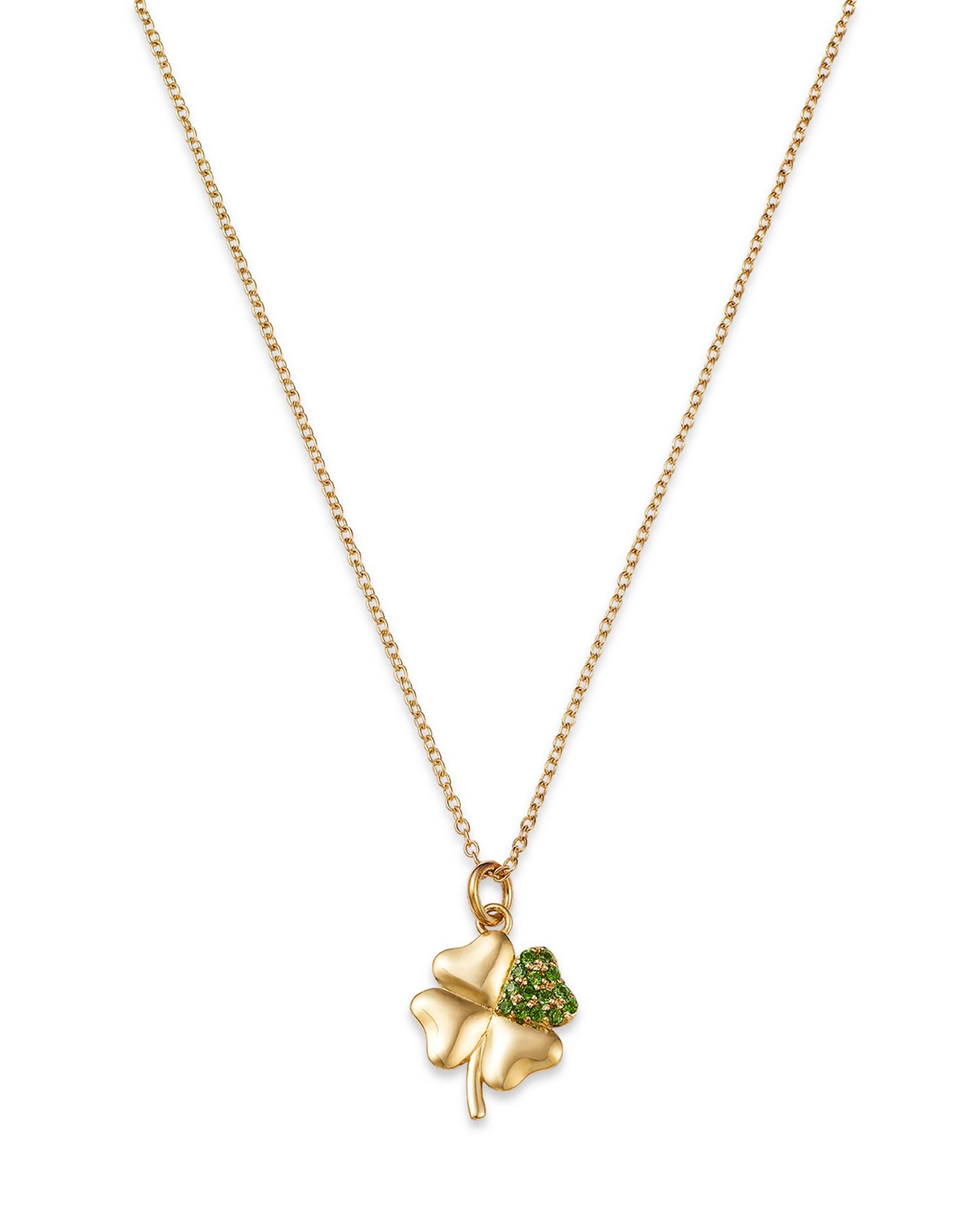 14K Yellow Gold Green Diopside Clover Pendant Necklace, 16'-18'