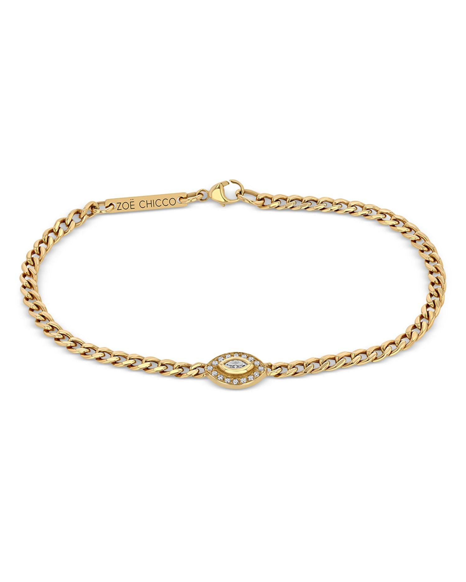 14k Yellow Gold Small Curb Chain Marquise Diamond Halo Bracelet