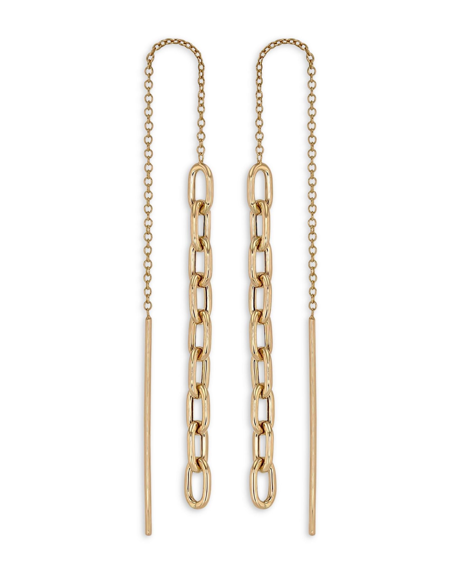 14K Yellow Gold Heavy Metal Chain Drop Threader Earrings