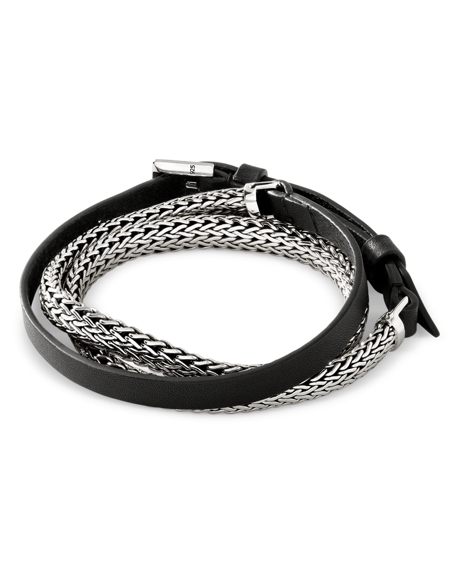 Sterling Silver Classic Chain Leather Strap Wrap Bracelet