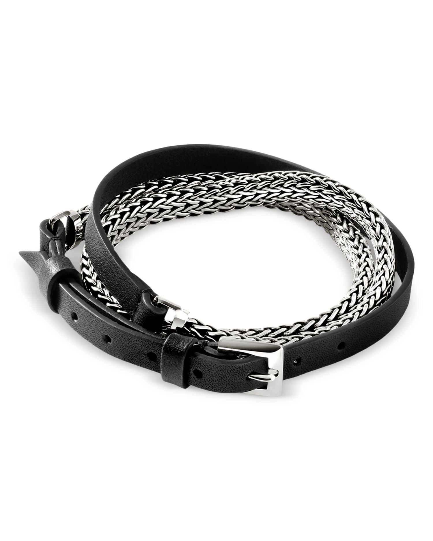 Sterling Silver Classic Chain Leather Strap Wrap Bracelet