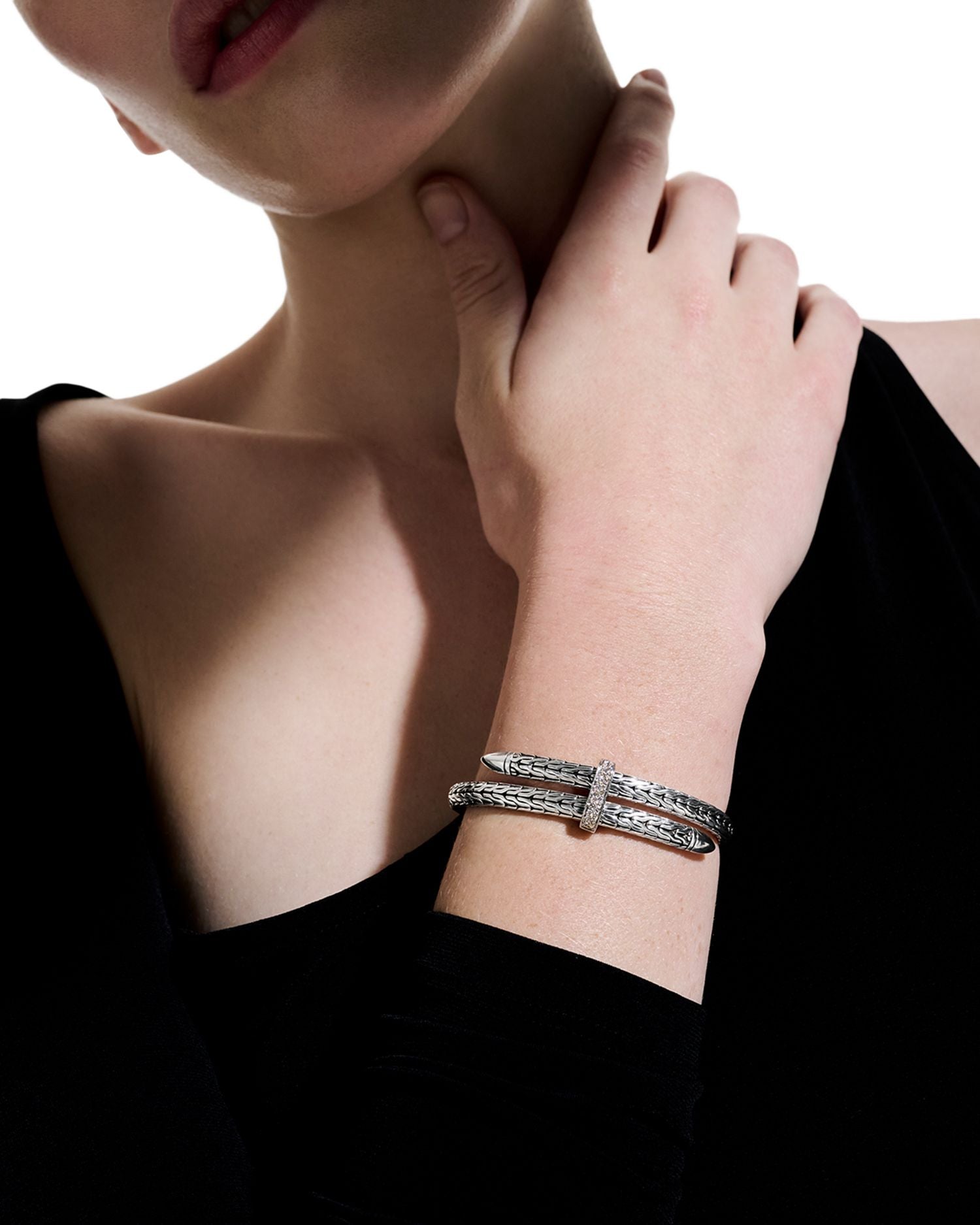 Sterling Silver Classic Chain Diamond Pavé Bypass Cuff Bracelet