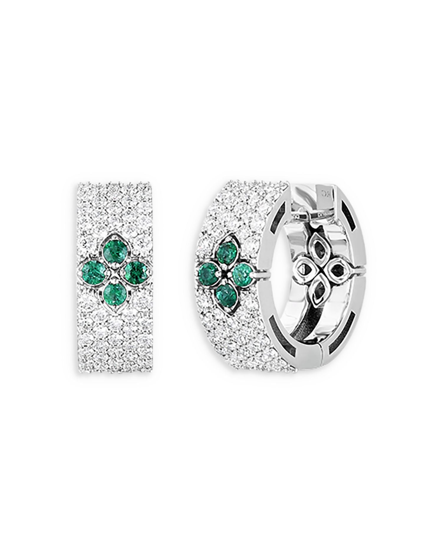 18K White Gold Love in Verona Emerald & Diamond Flower Huggie Hoop Earrings
