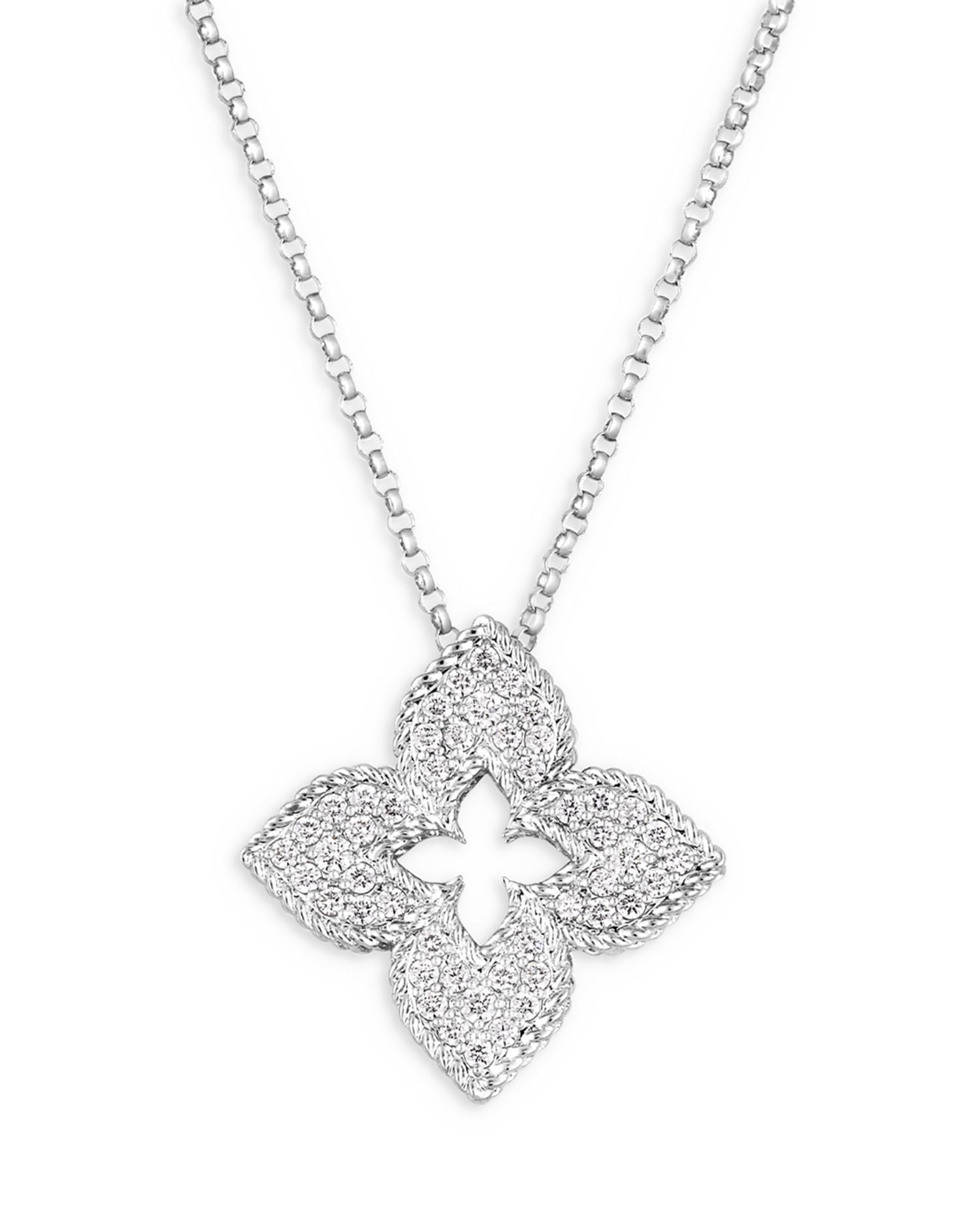 18K White Gold Venetian Princess Diamond Flower Pendant Necklace, 17'