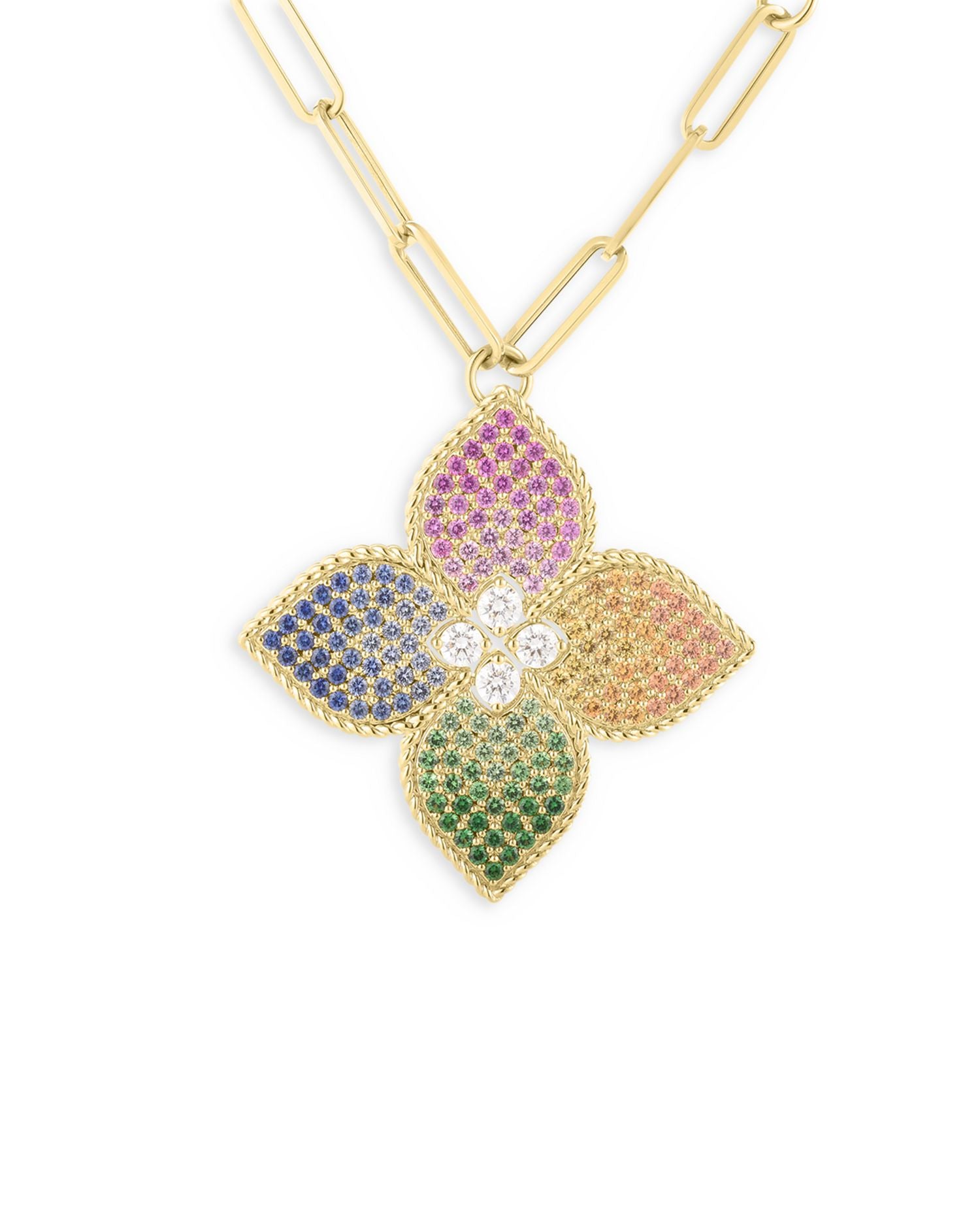 18K Yellow Gold Venetian Princess Diamond (0.35 ct. t.w.), Green Tsavorite (0.47 ct. t.w.) & Multi-Sapphire (1.55 ct. t.w.) Floral Pendant Necklace, 33'