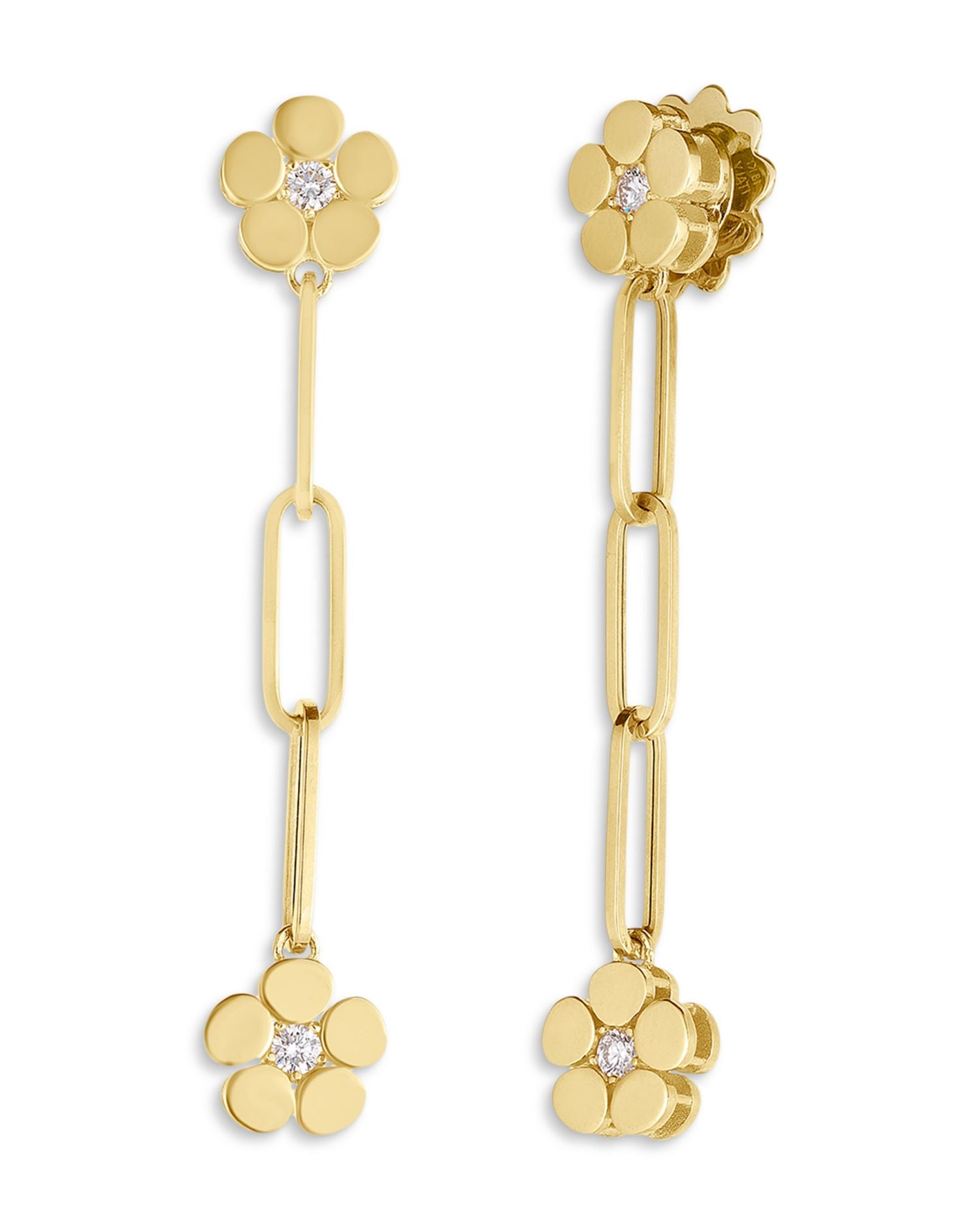 18K Yellow Gold Daisy Diamond Flower Chain Drop Earrings - Exclusive
