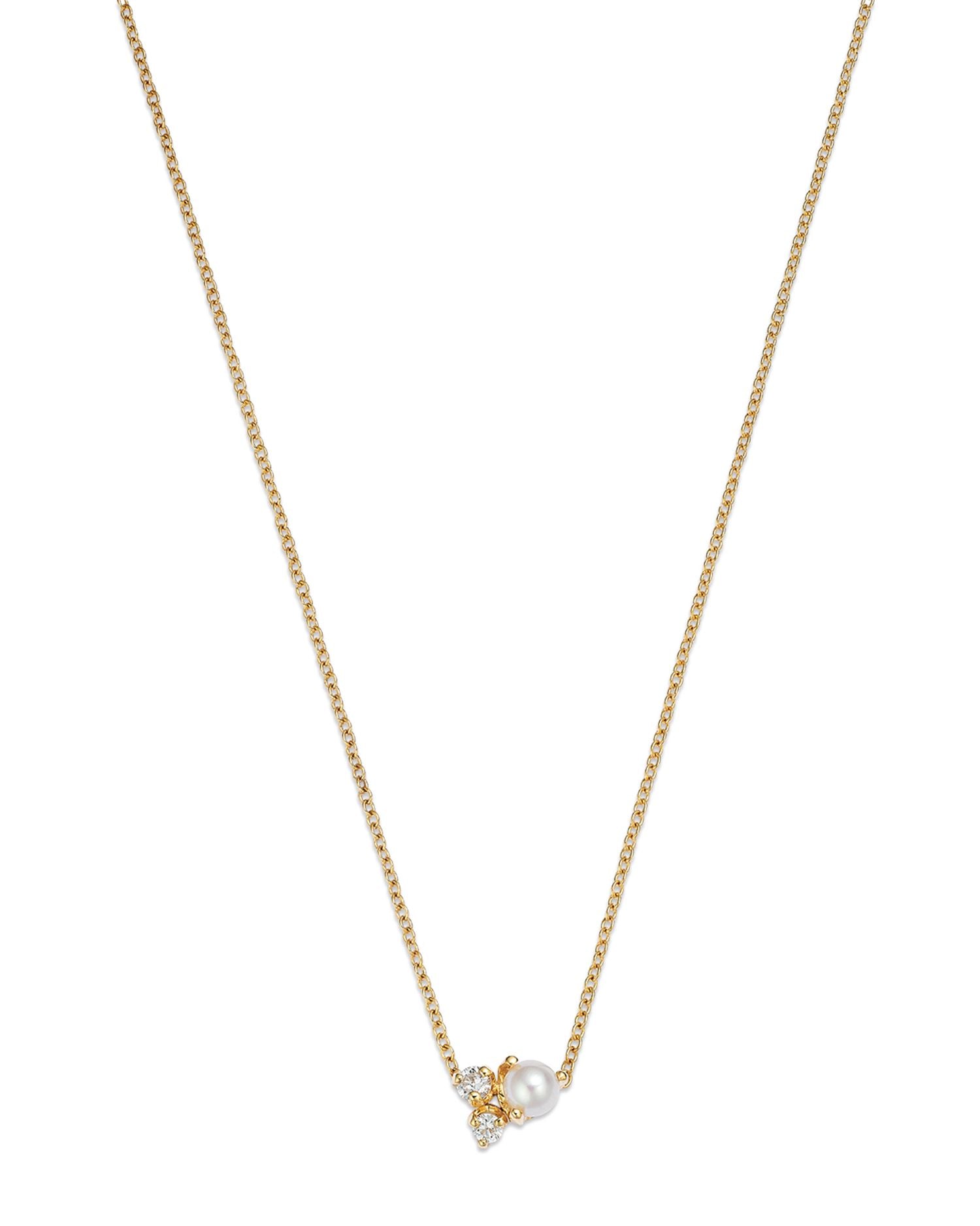 14k Yellow Gold Mixed Prong Diamond & Cultured Pearl Cluster Necklace, 14-16'