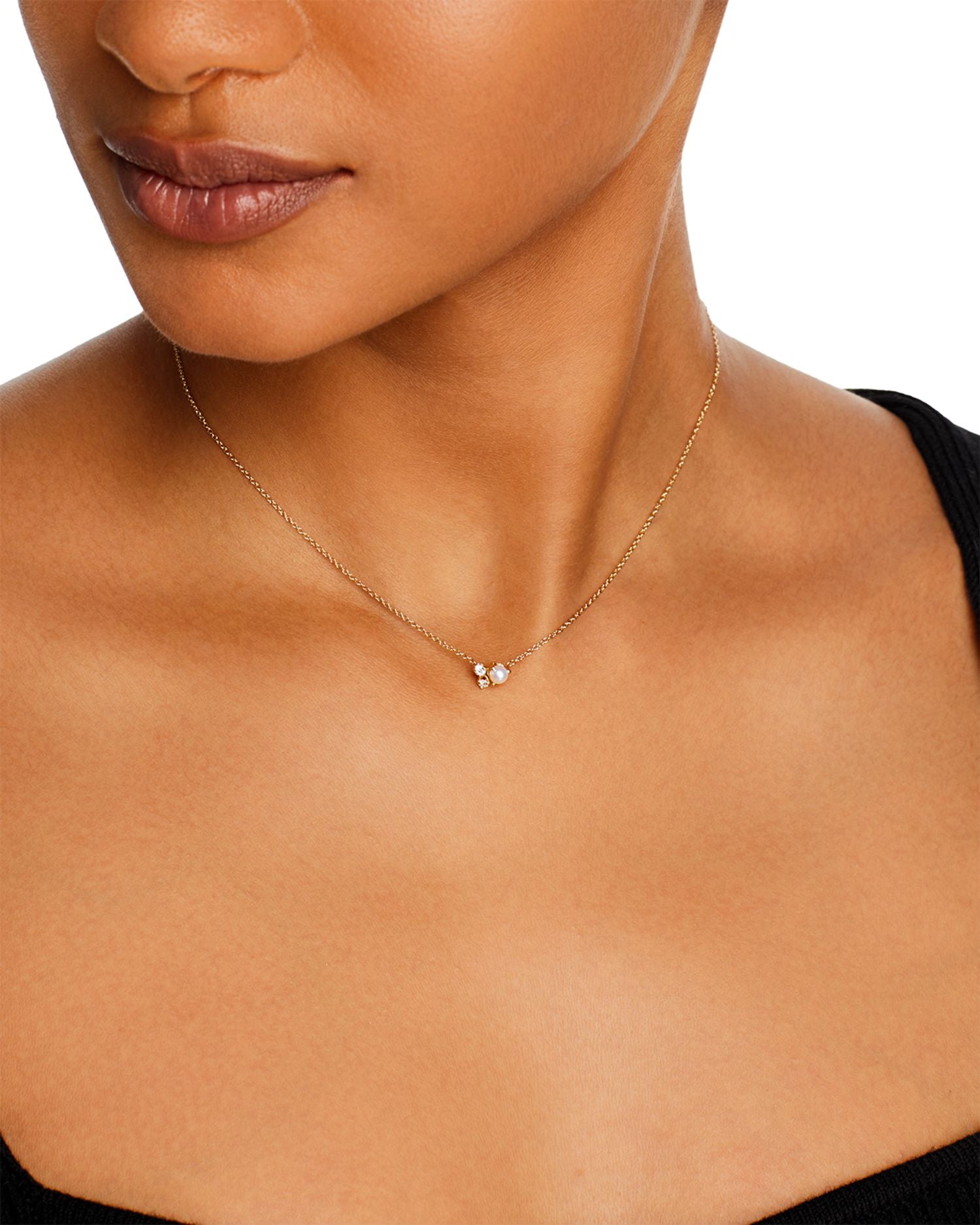 14k Yellow Gold Mixed Prong Diamond & Cultured Pearl Cluster Necklace, 14-16'