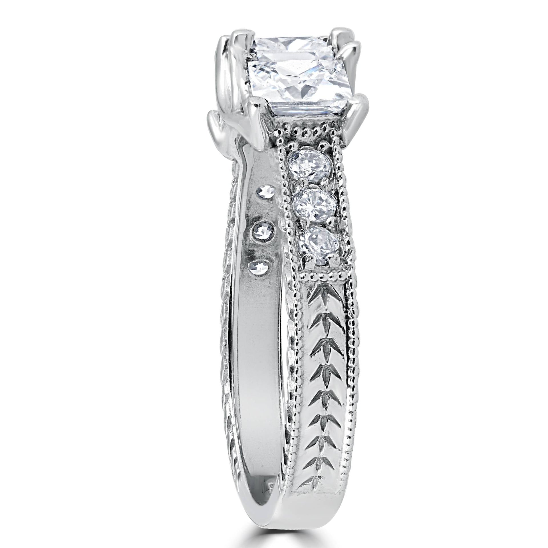 1 1/2 CT Vintage Three Stone Princess Cut Diamond Engagement Ring 14K White Gold