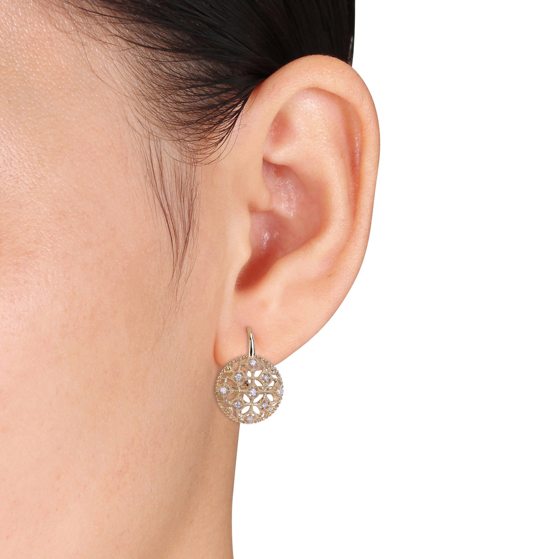 1/5ct TW Diamond Lace Leverback Earrings in 14k Yellow Gold