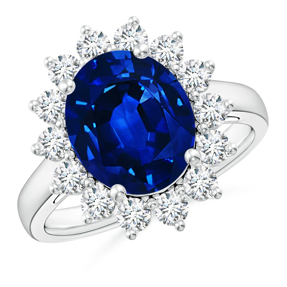 Lab-Grown Princess Diana Inspired Blue Sapphire Ring with Lab Diamond Halo