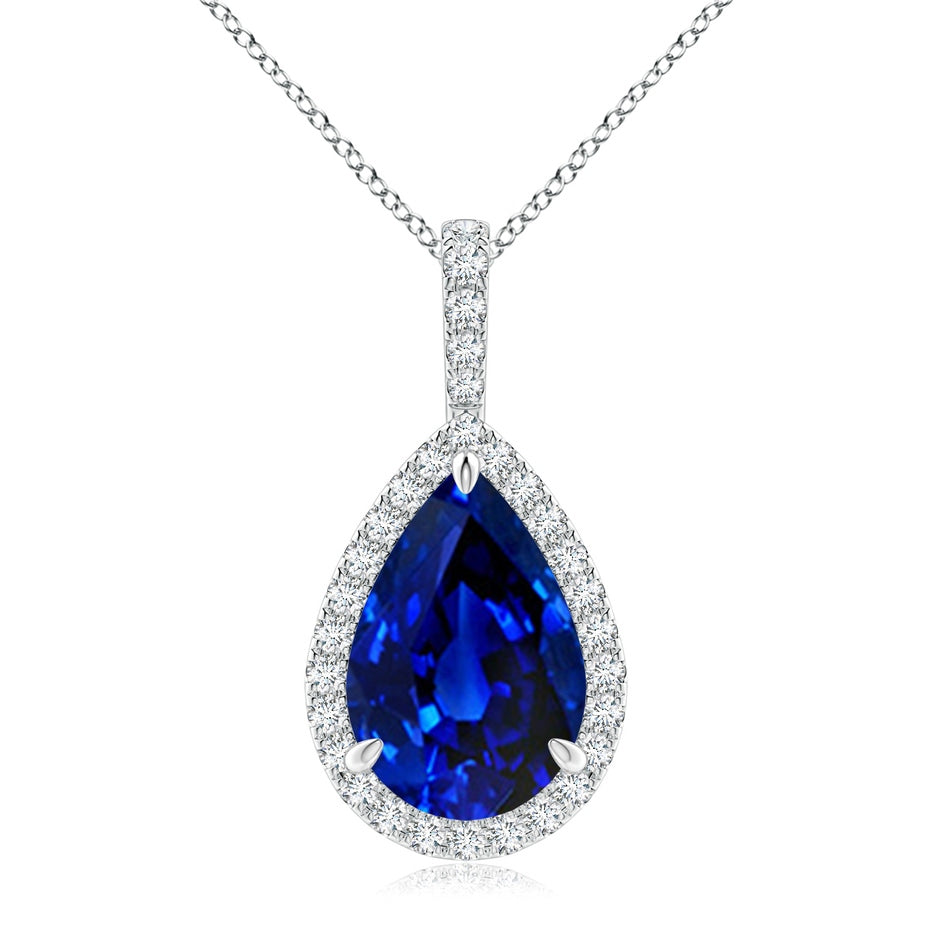 Lab-Grown Blue Sapphire Teardrop Pendant with Lab Diamond Halo