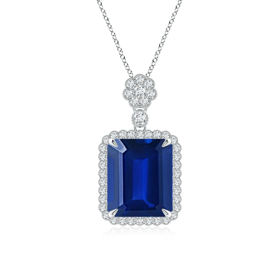 Lab-Grown Emerald cut Blue Sapphire Pendant with Floral Bale