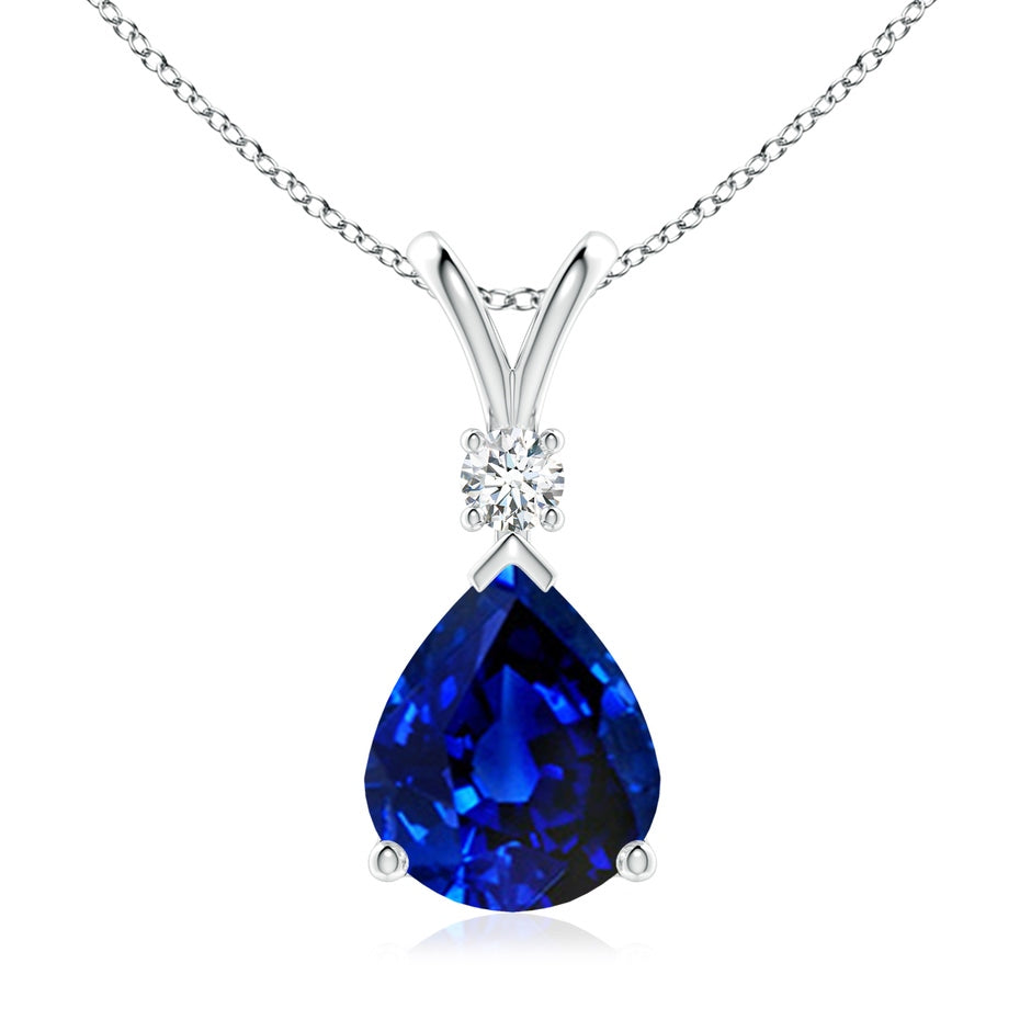 Prong-Set Lab-Grown Blue Sapphire Teardrop V-Bale Pendant with Diamond
