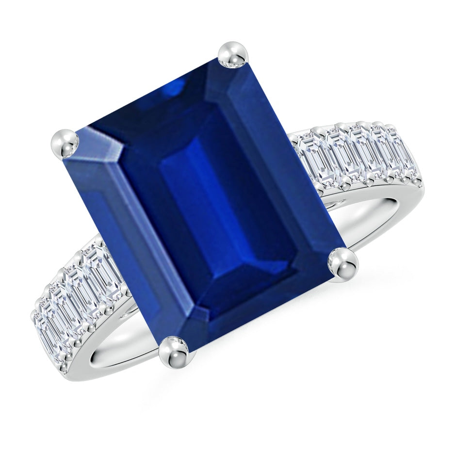 Lab-Grown Emerald-Cut Blue Sapphire Ring with Diamond Accents