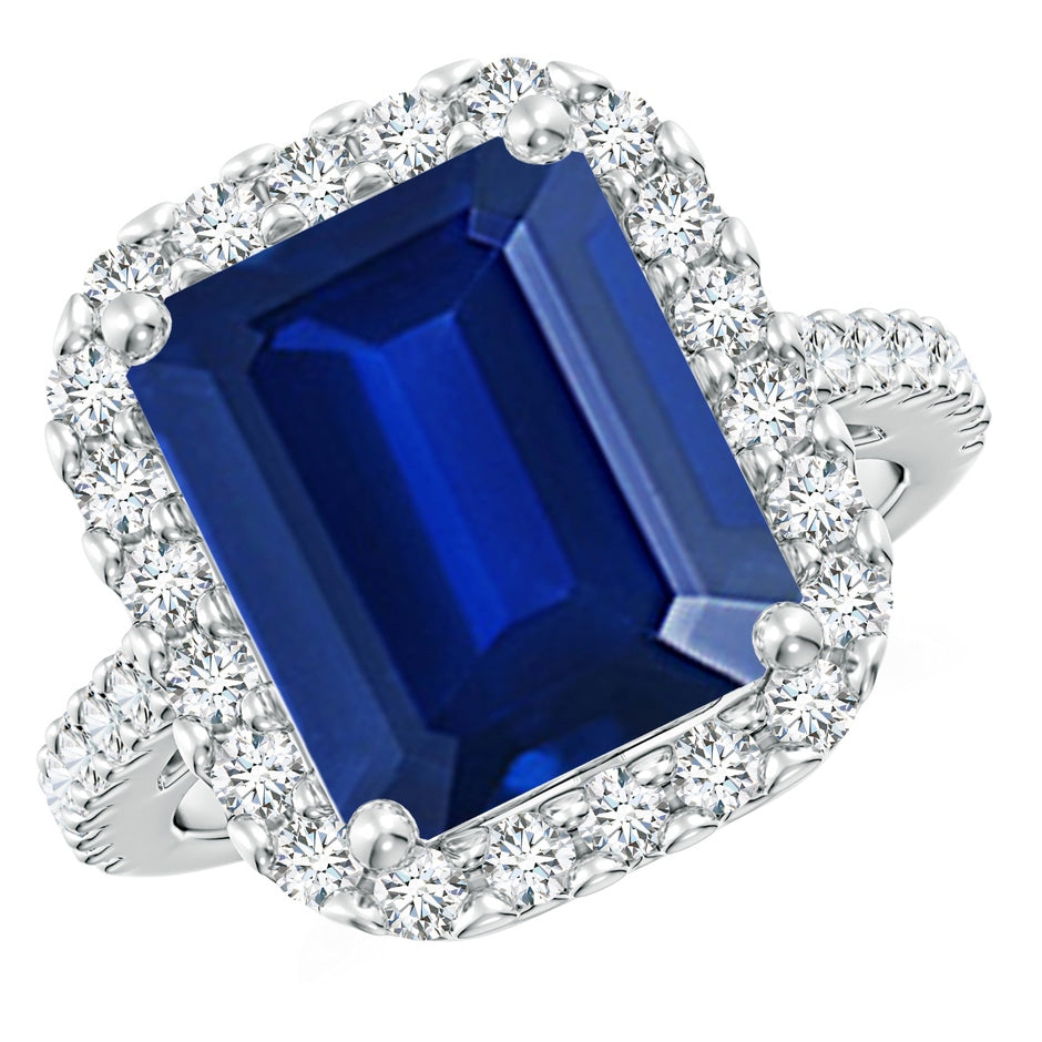 Lab-Grown Emerald-Cut Blue Sapphire Halo Ring