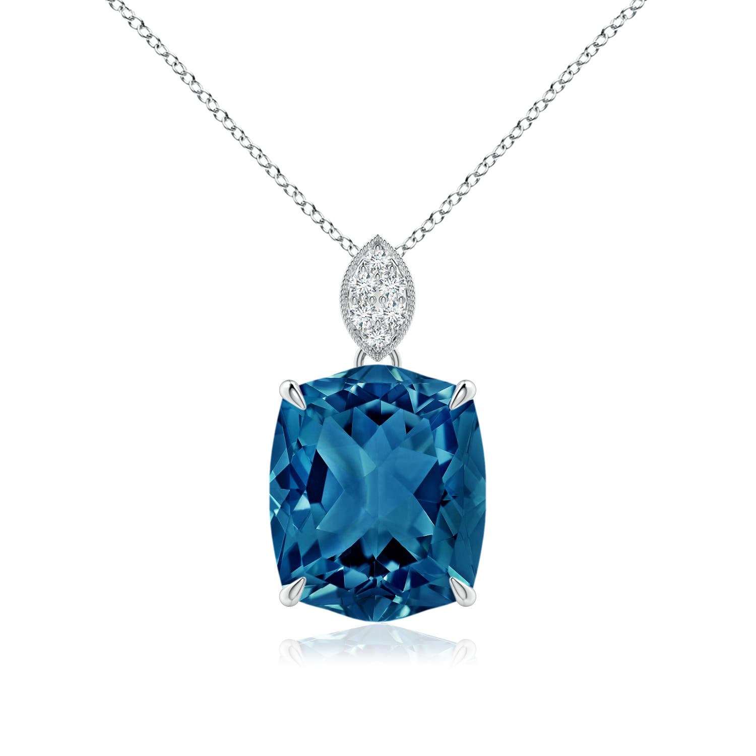6.06 CTW Rectangular Cushion London Blue Topaz Leaf Bale Pendant in 14K White Gold