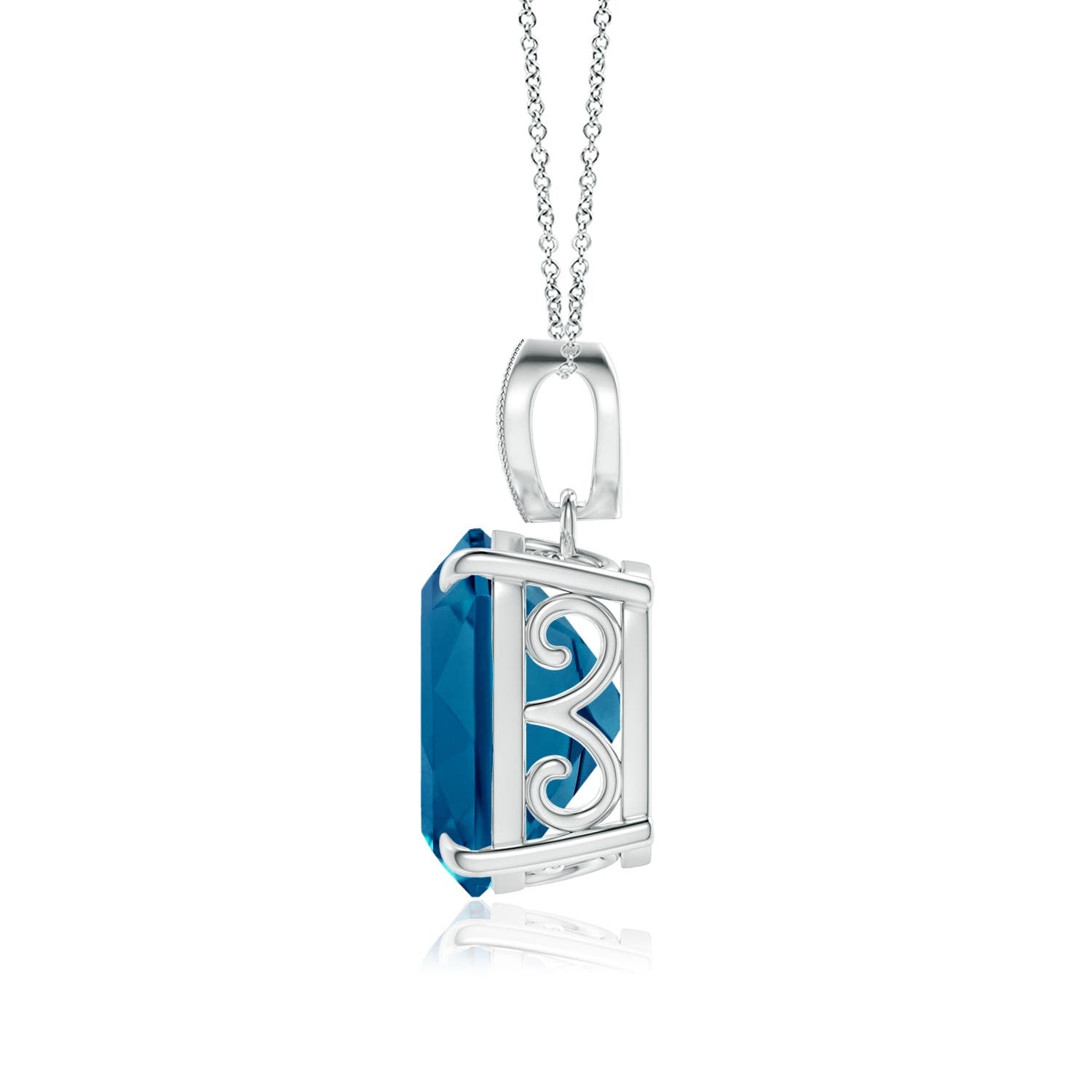 6.06 CTW Rectangular Cushion London Blue Topaz Leaf Bale Pendant in 14K White Gold