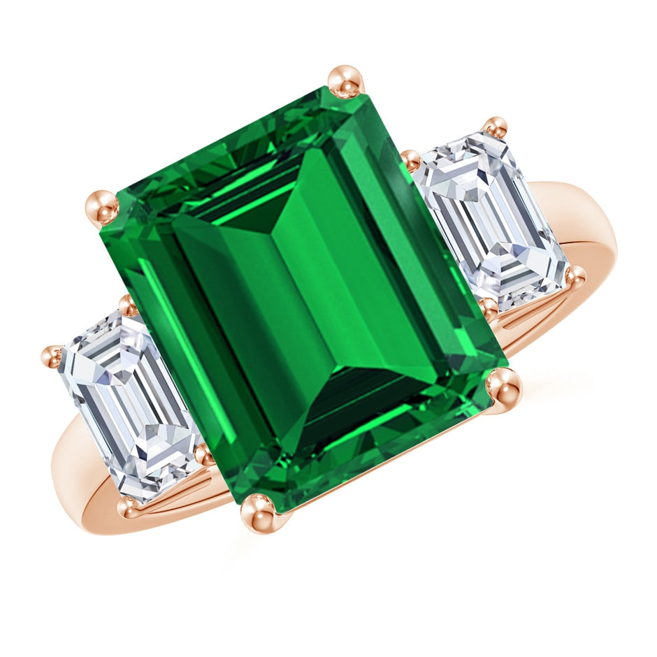 Lab-Grown Emerald-Cut Emerald and Lab Diamond Three Stone Ring
