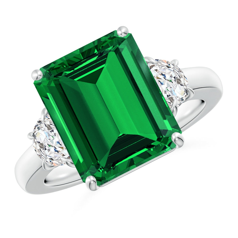 Lab-Grown Emerald-Cut Emerald and Half Moon Lab Diamond Three Stone Ring