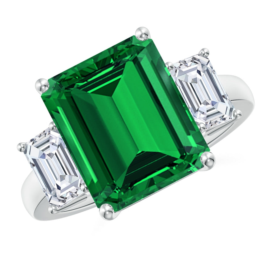 Lab-Grown Emerald-Cut Emerald and Lab Diamond Three Stone Ring