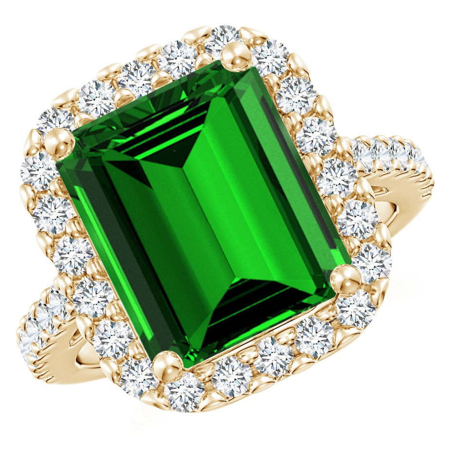 Prong-Set Emerald-Cut Lab-Grown Emerald Halo Ring