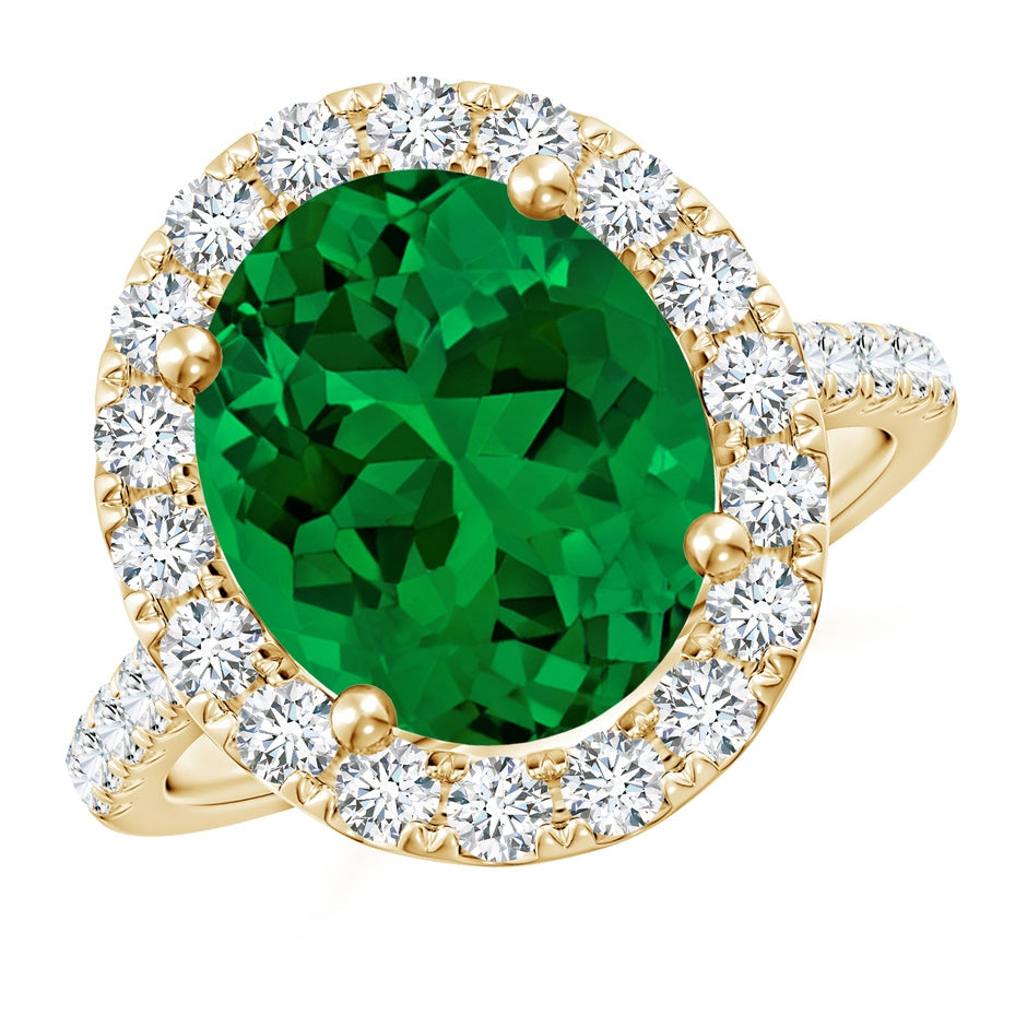 Prong-Set Oval Lab-Grown Emerald Halo Ring with Diamond Accents