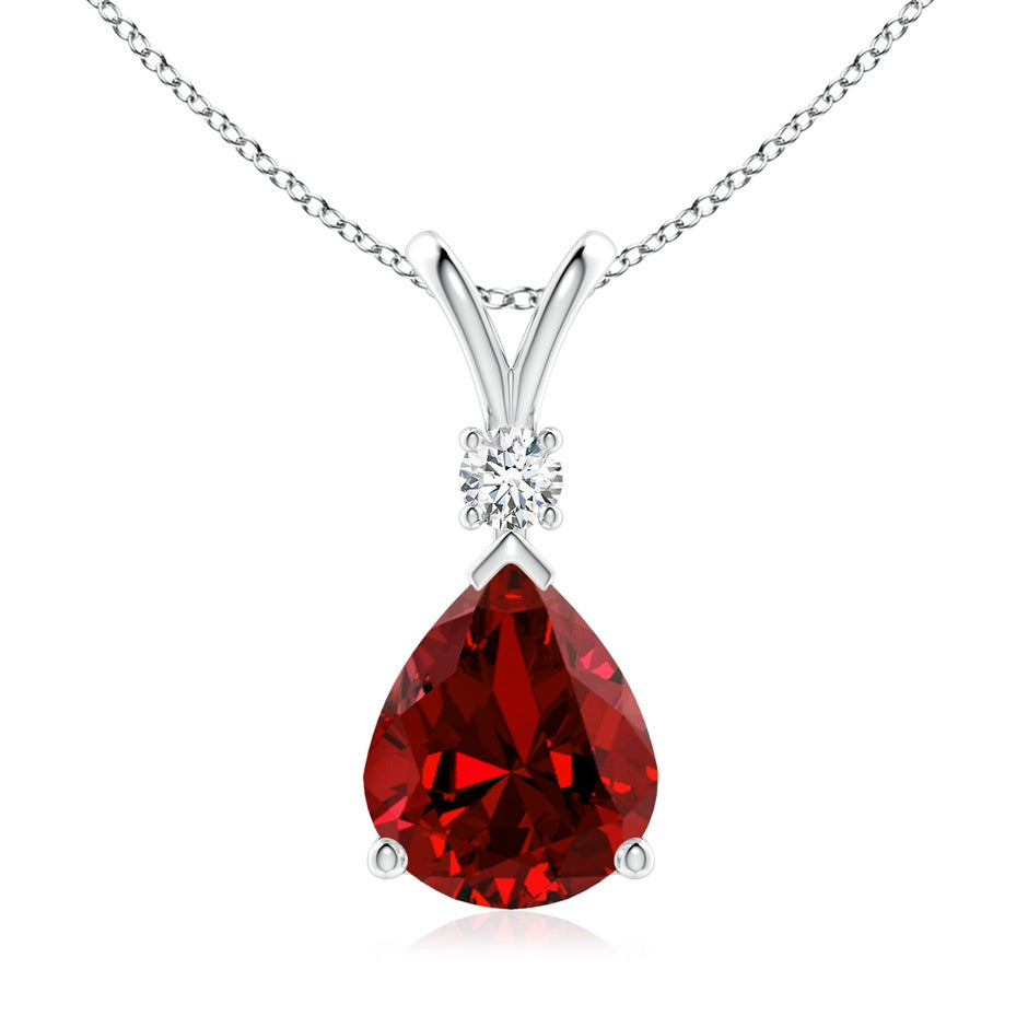 Prong-Set Lab-Grown Ruby Teardrop V-Bale Pendant with Diamond
