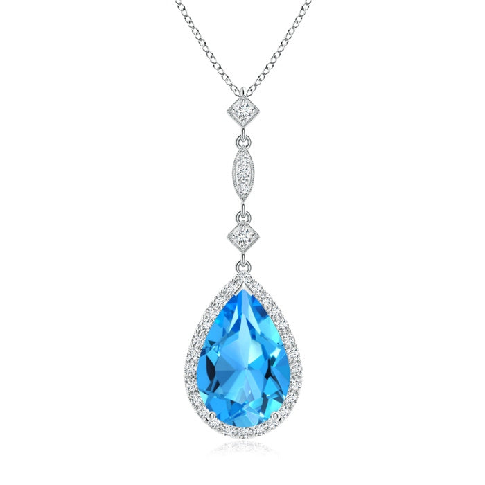 Prong-Set Swiss Blue Topaz Teardrop Halo Pendant with Diamond Accents