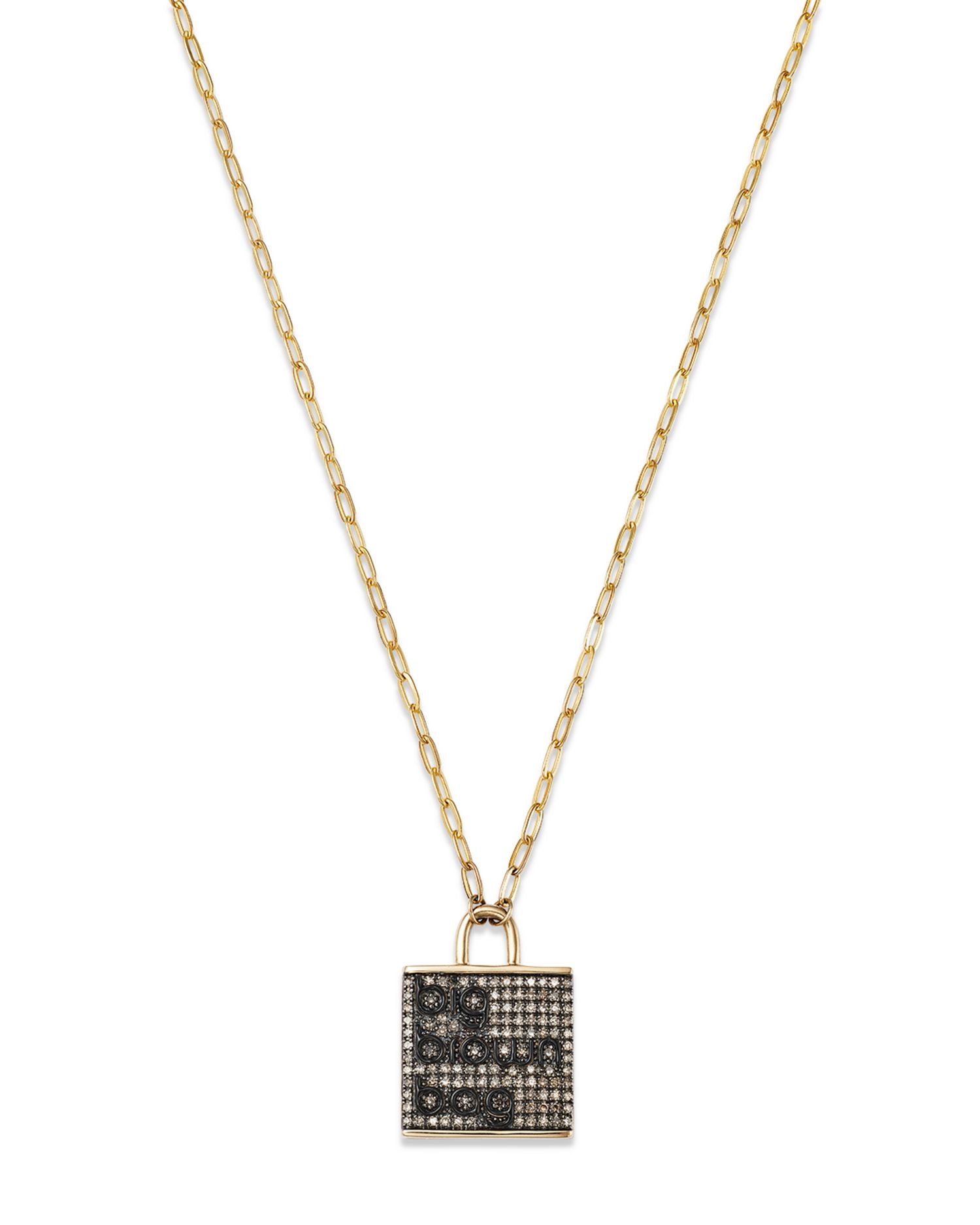 Champagne Diamond Big Brown Bag Pendant Necklace in 14K Yellow Gold, 0.33 ct. t.w.