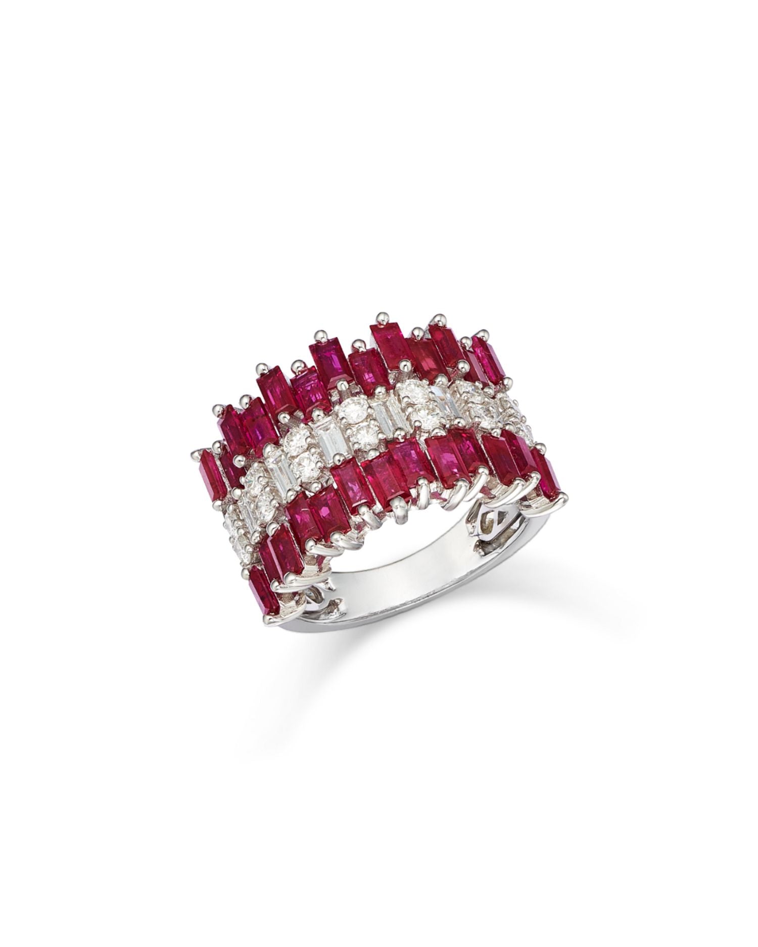Ruby & Diamond Triple Row Ring in 14K White Gold